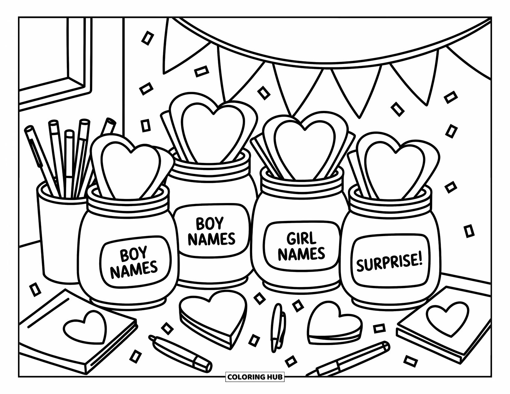 Baby Shower Coloring Page for Adults: A cozy setup invites baby name ideas with jars, heart-shaped papers, and playful confetti