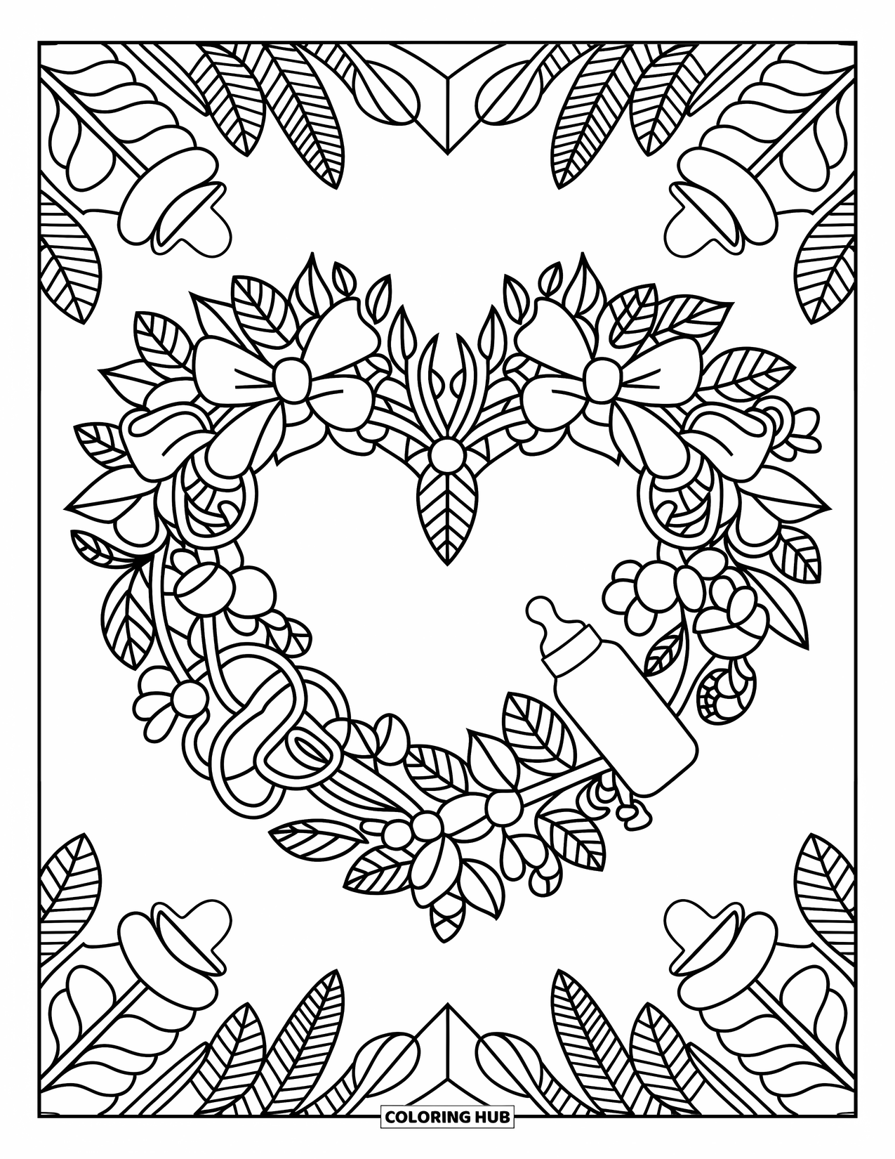 Baby Shower Coloring Page for Adults: A heart-shaped wreath of baby bottles, bows, and pacifiers is filled with elegant patterns