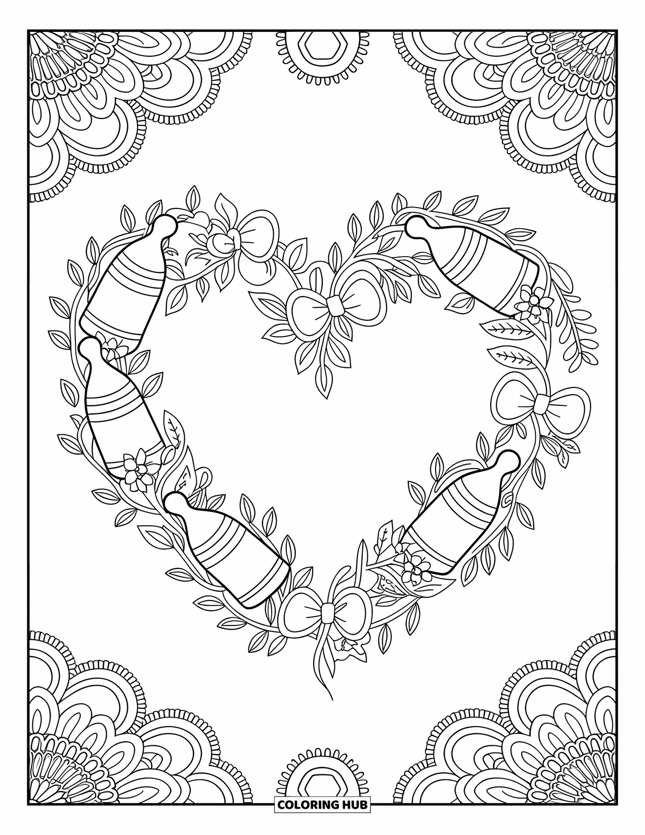 Baby Shower Coloring Page for Adults: A heart-shaped wreath of baby items is surrounded by floral patterns and elegant lace designs