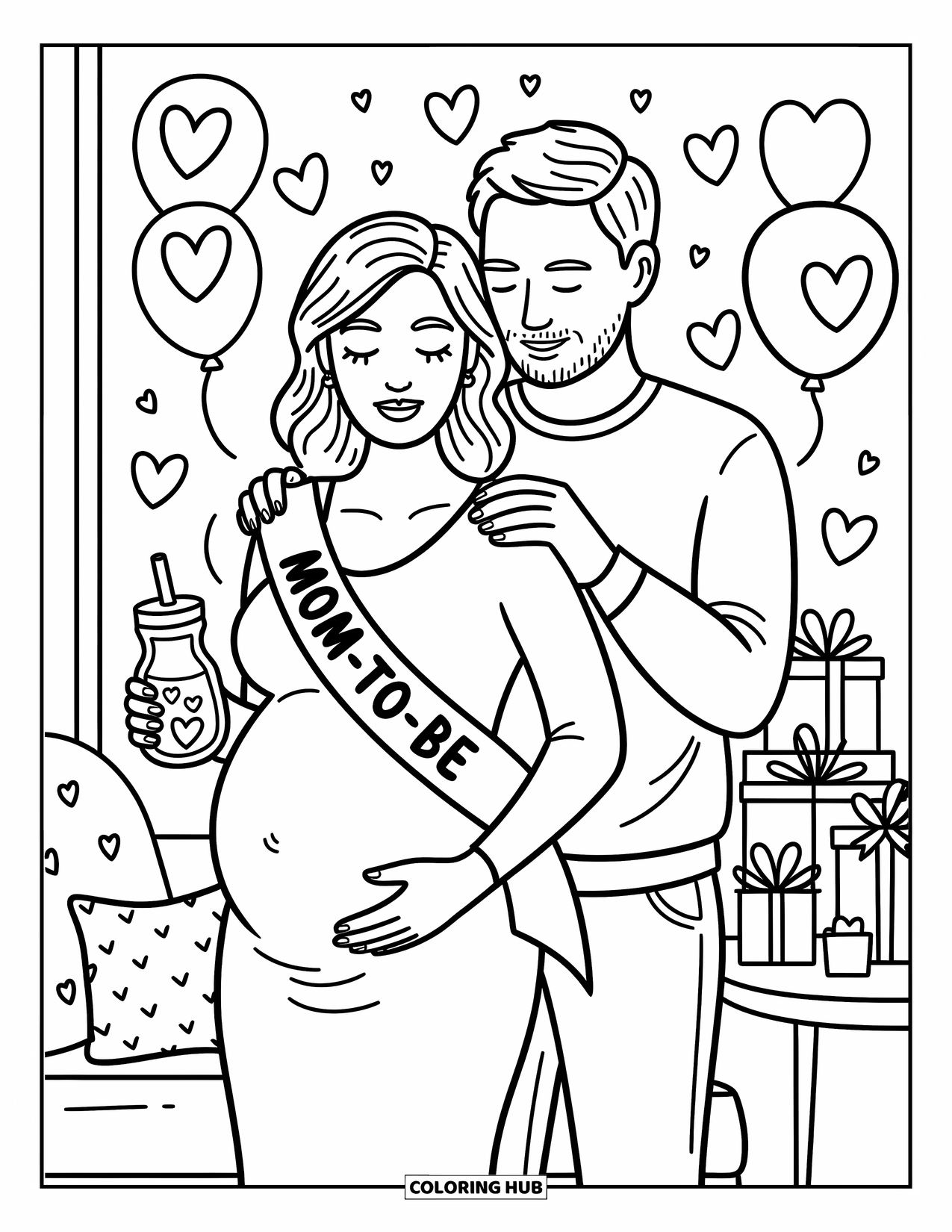 Baby Shower Coloring Page for Adults: A loving couple shares joy beside balloons, bows, and a charming gift table