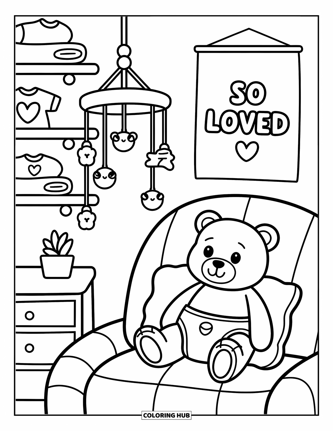 Baby Shower Coloring Page for Adults: A mobile sways above a diapered teddy bear, with "So Loved" on the wall