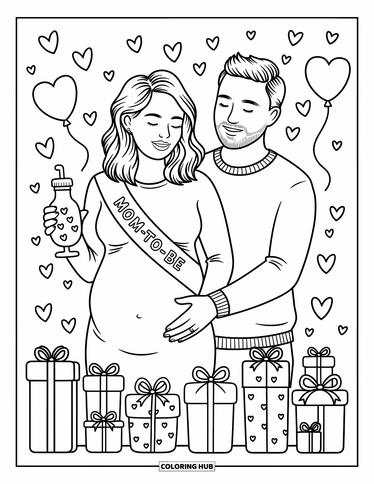 Baby Shower Coloring Page for Adults: A pregnant woman smiles as her husband gently places a "Mom-to-Be" sash around her