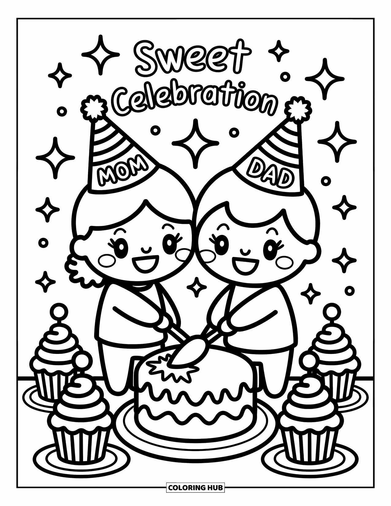 Baby Shower Coloring Page for Adults: A smiling couple in party hats cuts into a baby cake surrounded by treats and sparkles