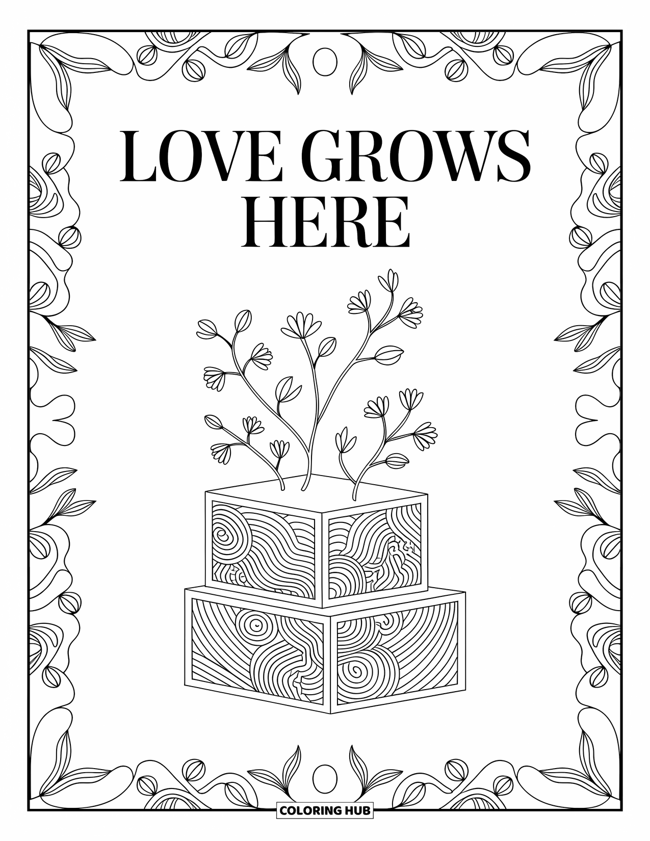 Baby Shower Coloring Page for Adults: A stack of blocks grows flowers beneath the sweet phrase "Love Grows Here