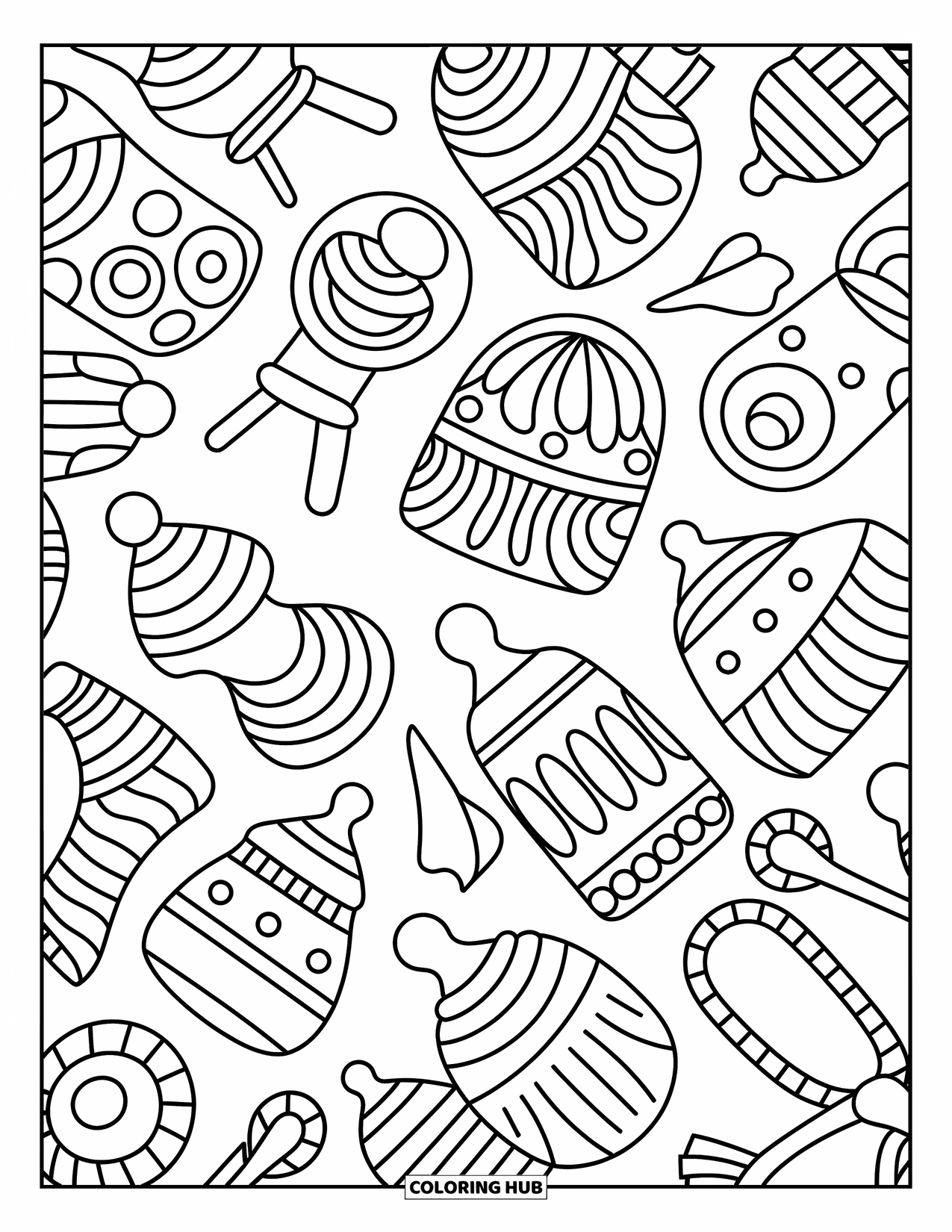 Baby Shower Coloring Page for Adults: A zentangle page filled with baby-themed shapes like bottles, rattles, and diapers