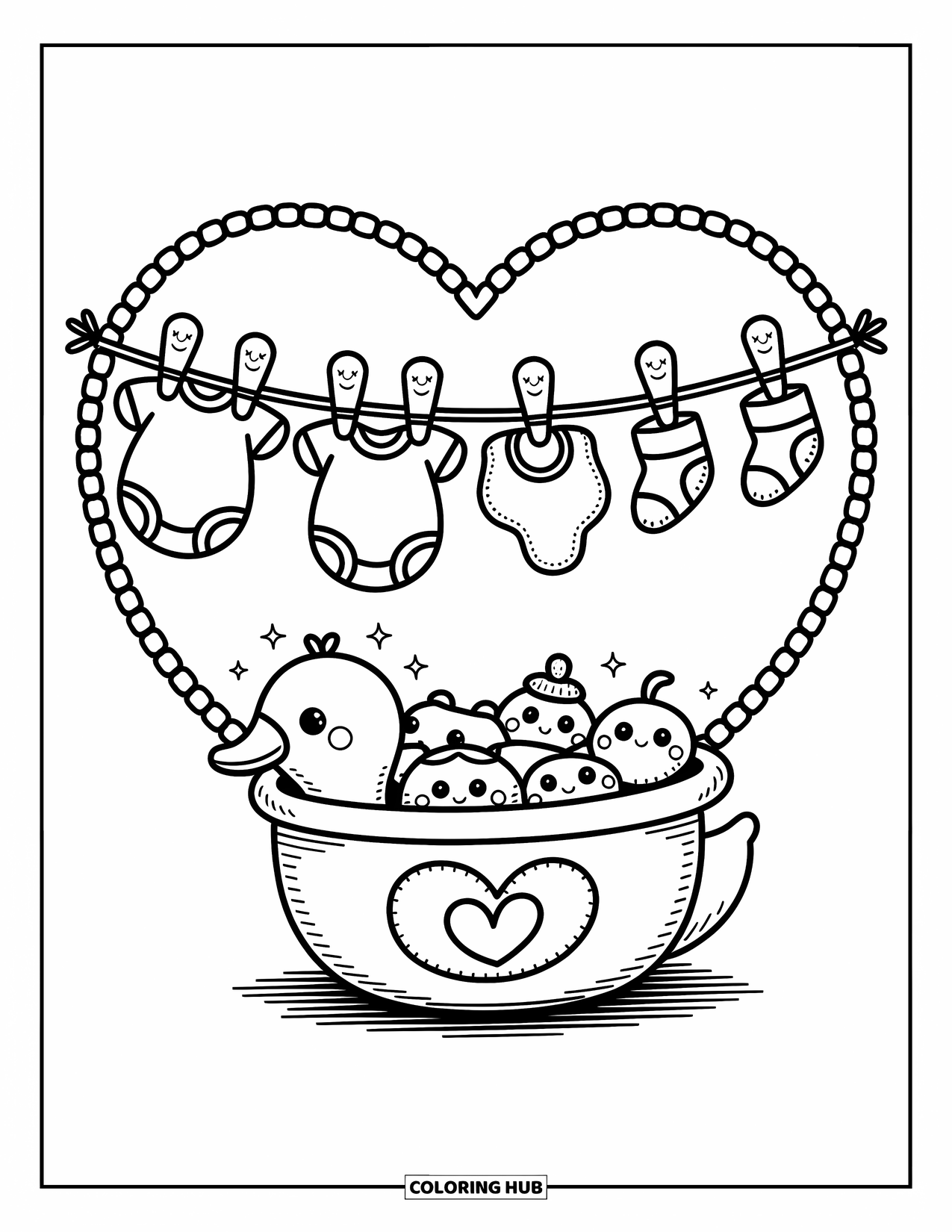 Baby Shower Coloring Page for Adults: Adorable onesies and socks sway on a line, with a duck basket waiting below