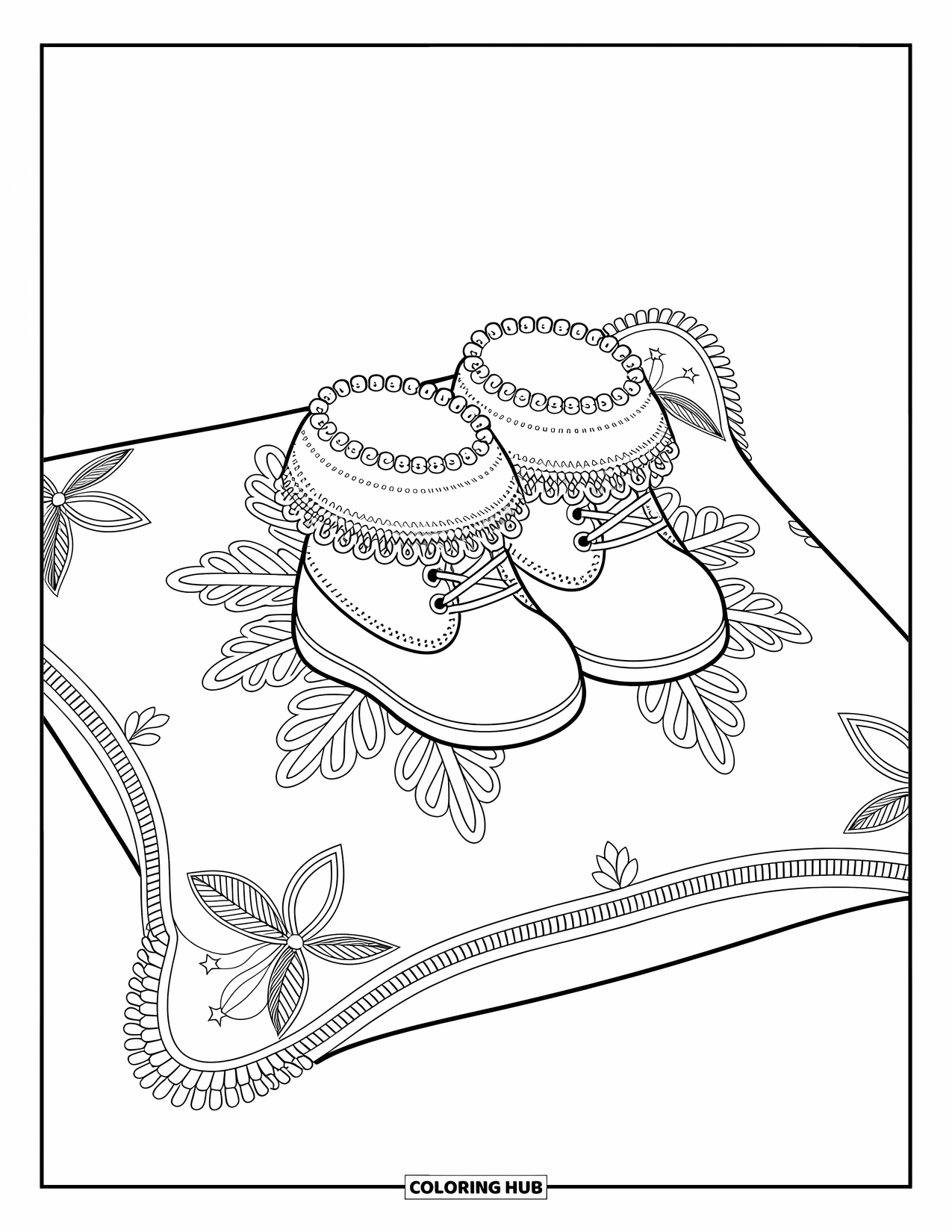 Baby Shower Coloring Page for Adults: Baby booties rest on a lacy pillow with detailed embroidery and gentle floral accents
