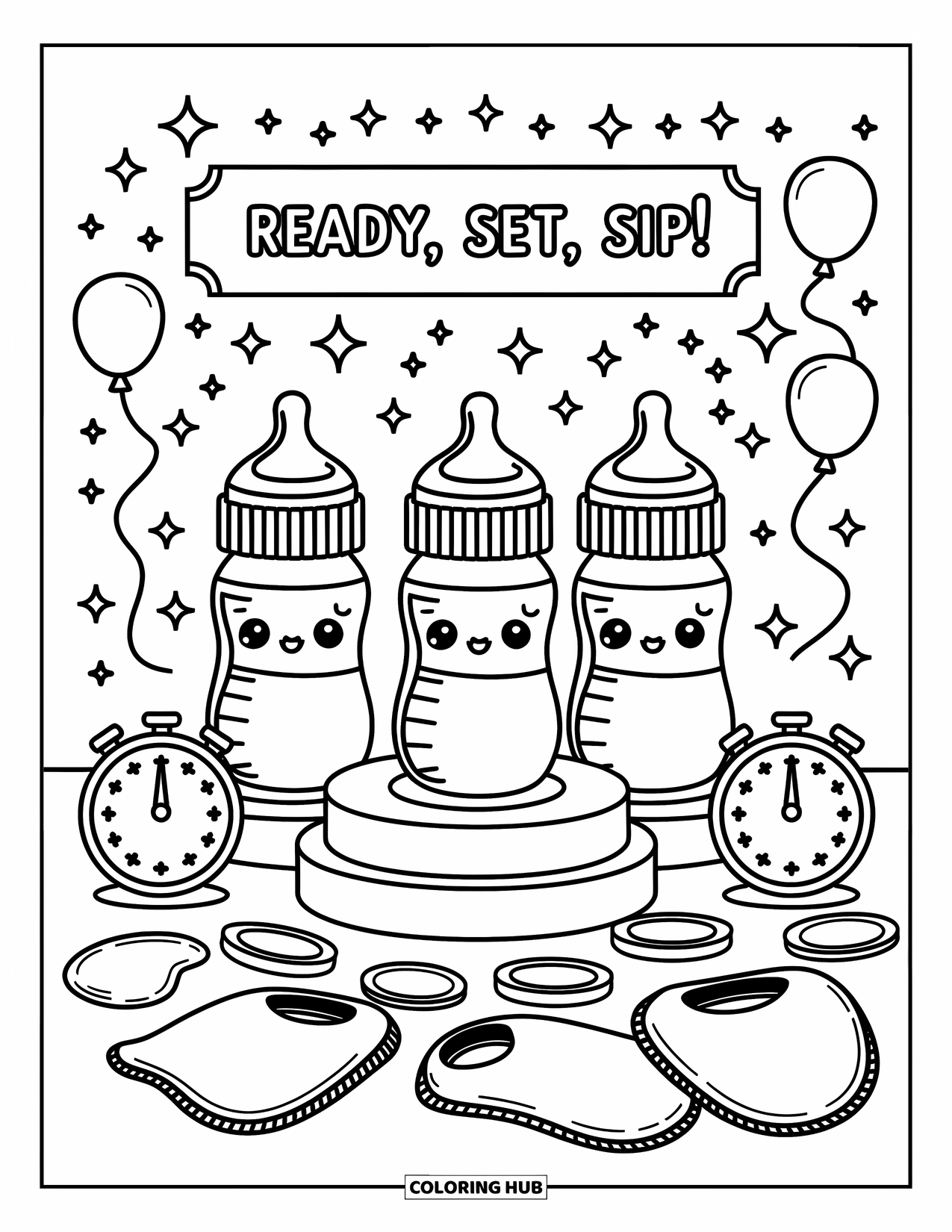 Baby Shower Coloring Page for Adults: Baby bottles on a podium shine under balloons, sparkles, and a "Ready, Set, Sip!" sign