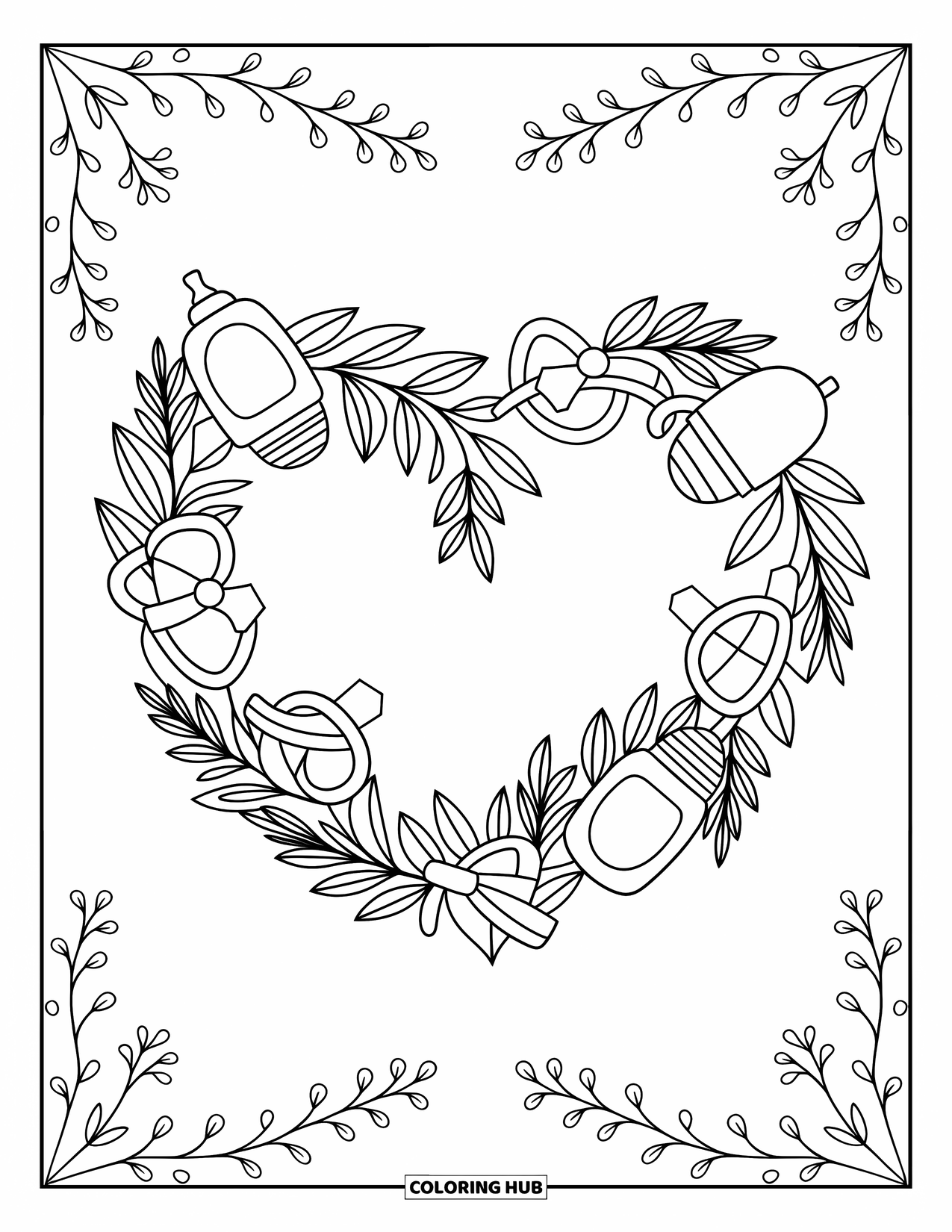 Baby Shower Coloring Page for Adults: Baby items form a heart wreath surrounded by vines, flowers, and intricate designs