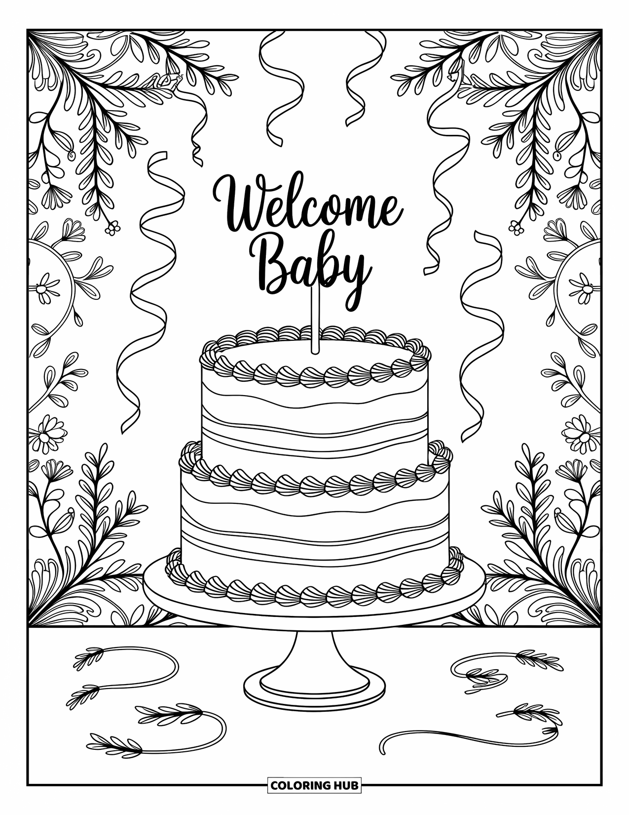 Baby Shower Coloring Page for Adults: Decorated cake with floral sprigs and a baby-themed topper stands at the center of celebration