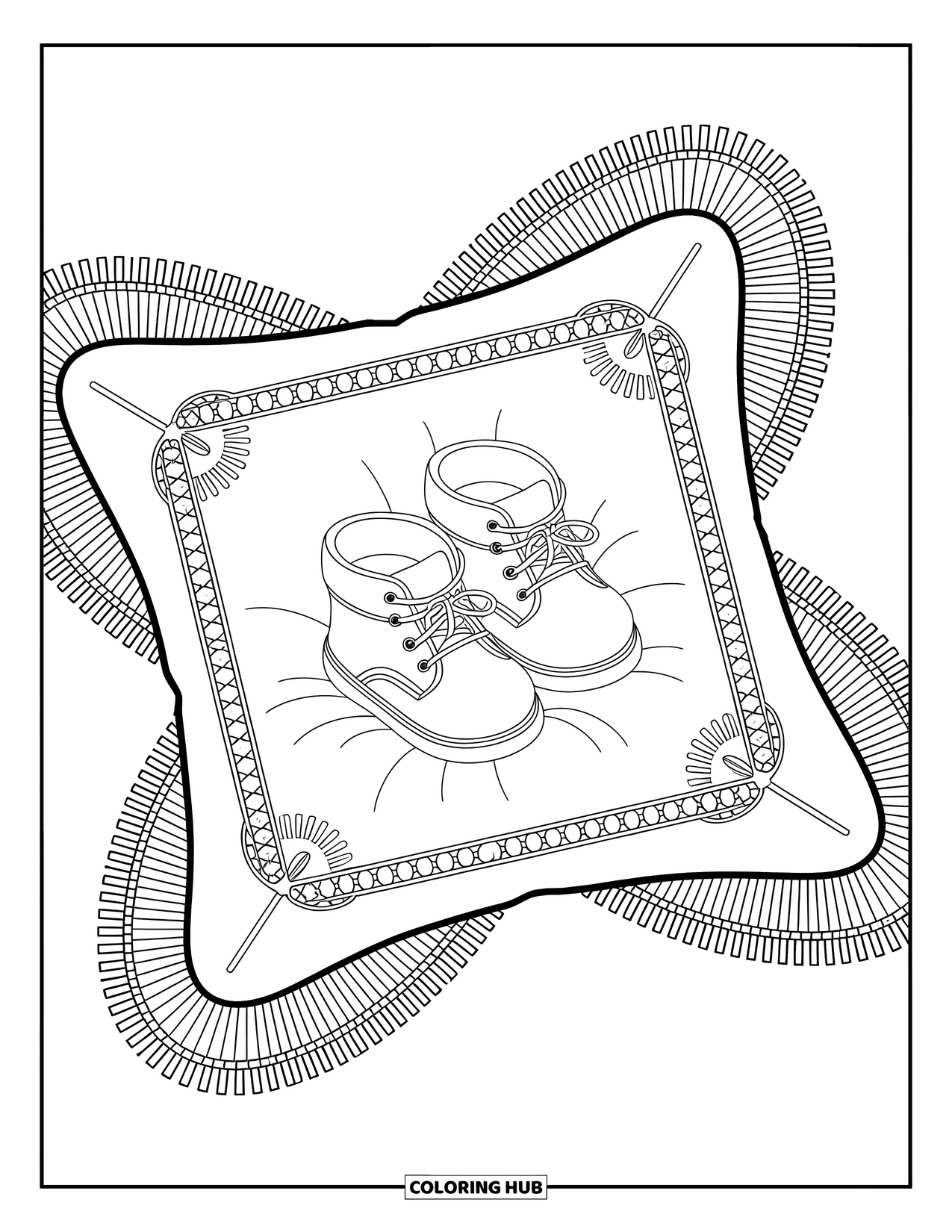 Baby Shower Coloring Page for Adults: Delicate booties on an ornate pillow are surrounded by soft patterns and lace-like designs