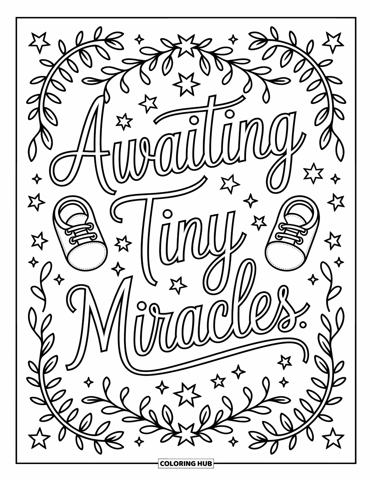 Baby Shower Coloring Page for Adults: Elegant script with stars, shoes, and vines fills this sweet and peaceful quote page