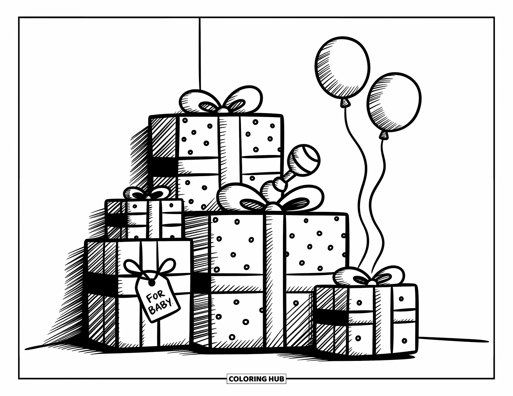 Baby Shower Coloring Page for Adults: Gift boxes and a tiny rattle rest under balloons in a cozy, festive setup