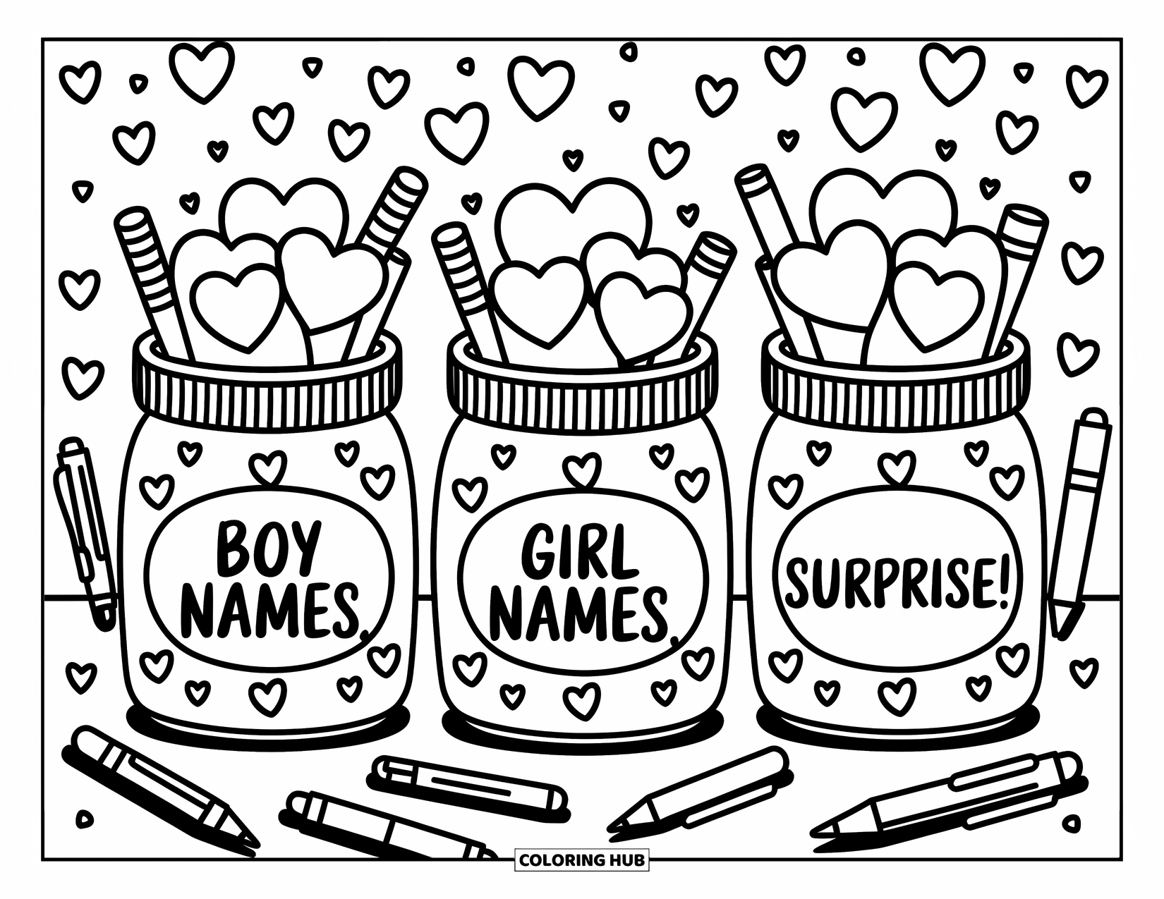 Baby Shower Coloring Page for Adults: Heart-shaped papers fill baby name jars in a cozy, creative setup with fun decorations