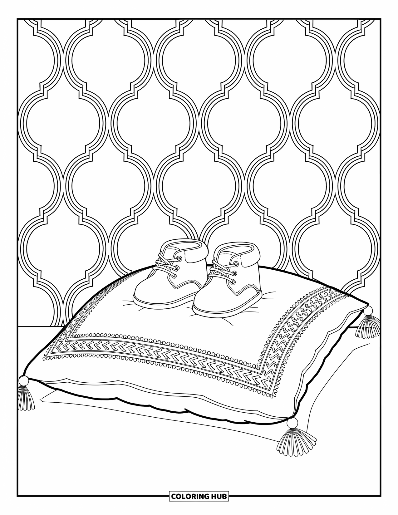 Baby Shower Coloring Page for Adults: Intricate baby booties lie on a pillow framed by delicate vines and geometric patterns