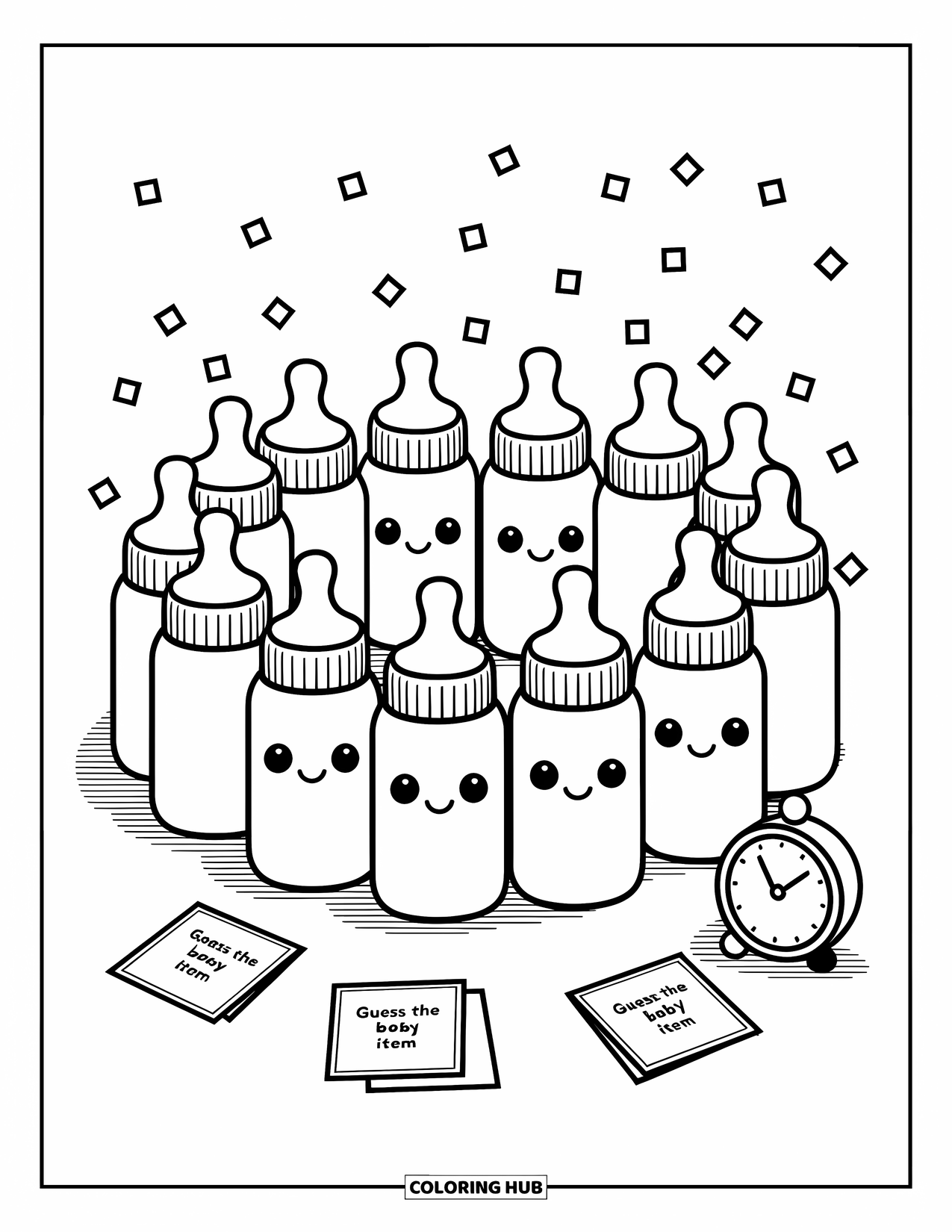 Baby Shower Coloring Page for Adults: Kawaii baby bottles play a guessing game surrounded by confetti, cards, and a tiny timer