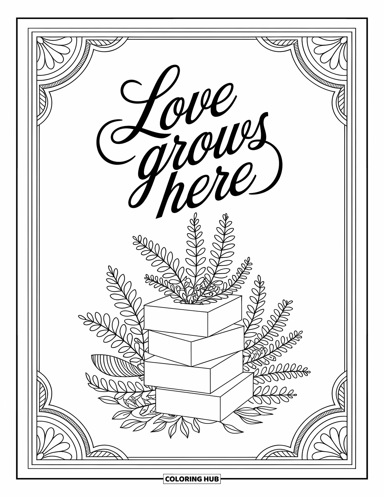 Baby Shower Coloring Page for Adults: Layered plants sprout from baby blocks under a lovely script saying "Love Grows Here