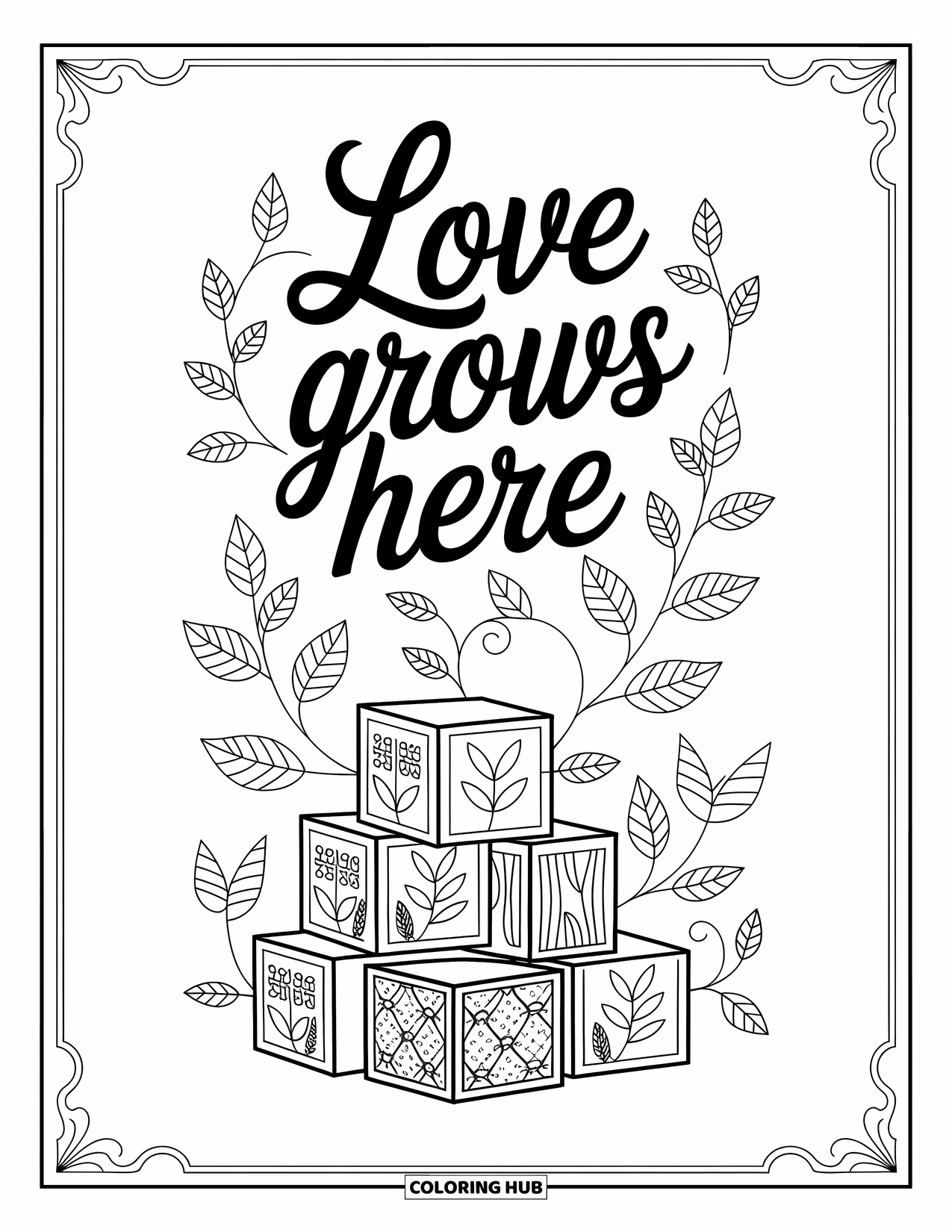 Baby Shower Coloring Page for Adults: "Love Grows Here" appears above baby blocks with graceful plants and patterned borders