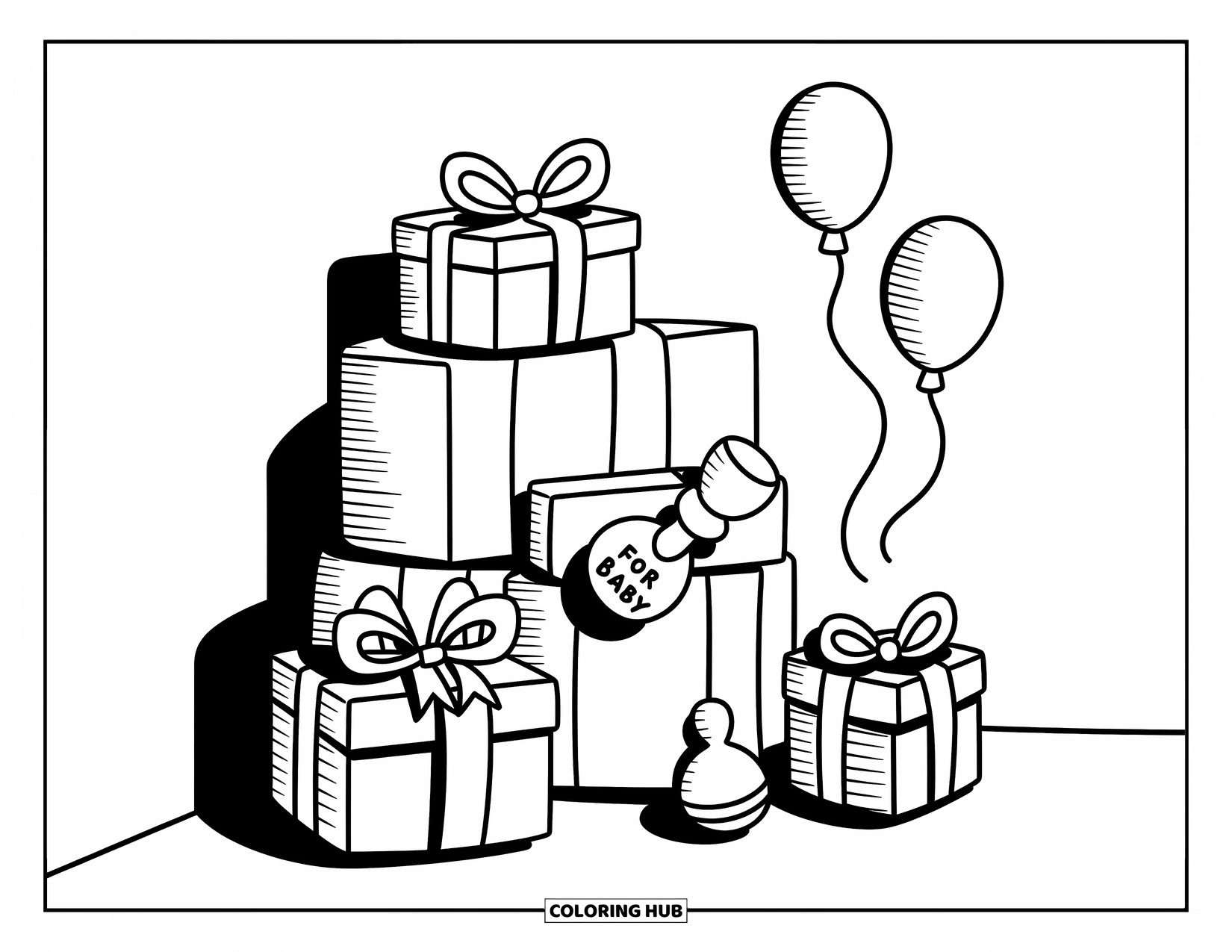 Baby Shower Coloring Page for Adults: Stacked baby presents, a peeking rattle, and balloons fill this cozy celebration nook