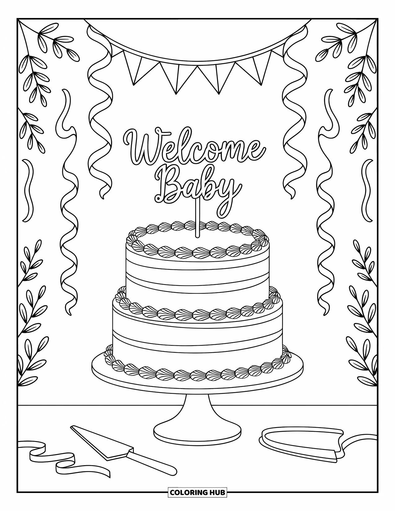 Baby Shower Coloring Page for Adults: Streamers and flowers surround a tiered cake with a sweet "Welcome Baby" message