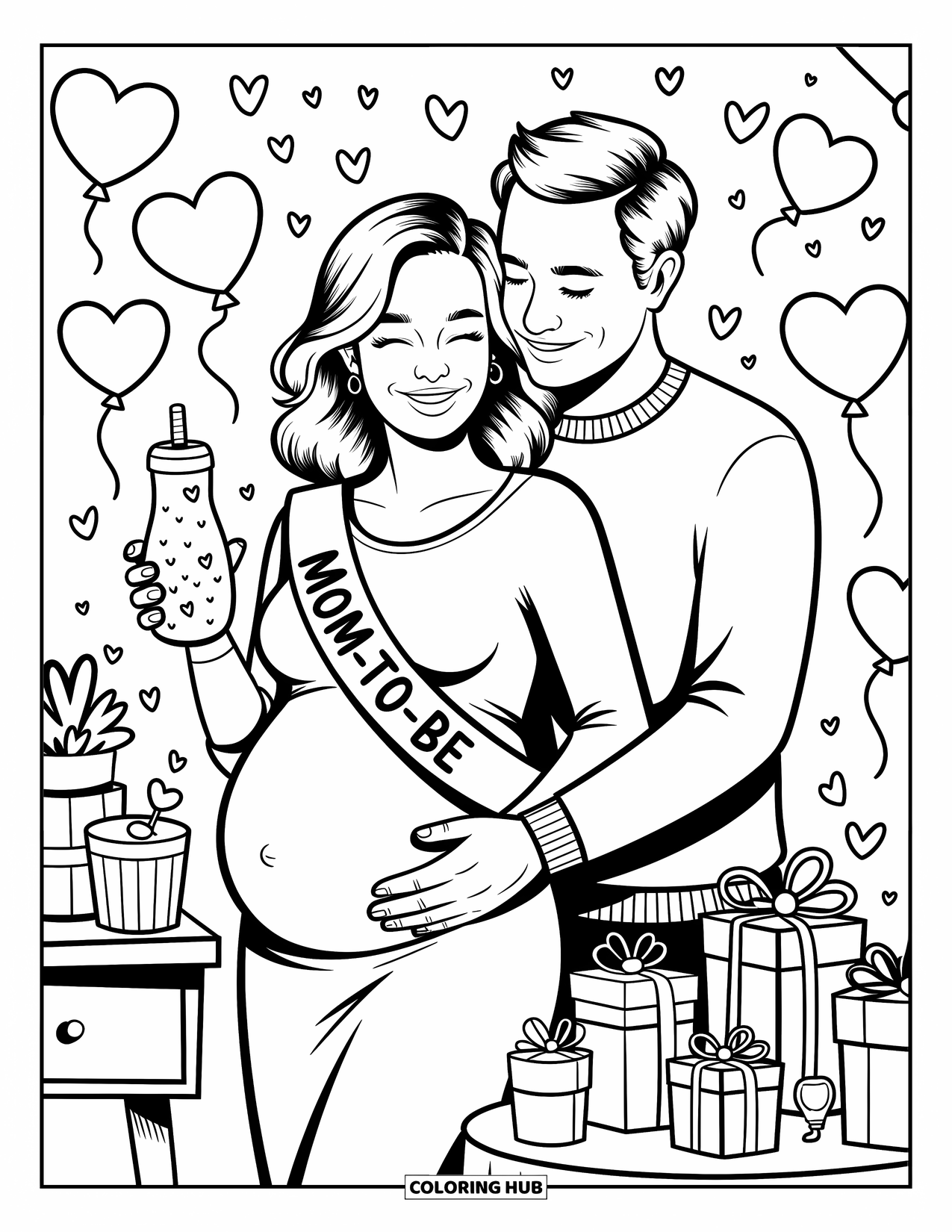 Baby Shower Coloring Page for Adults: The happy couple celebrates together, surrounded by heart balloons, bows, and gifts