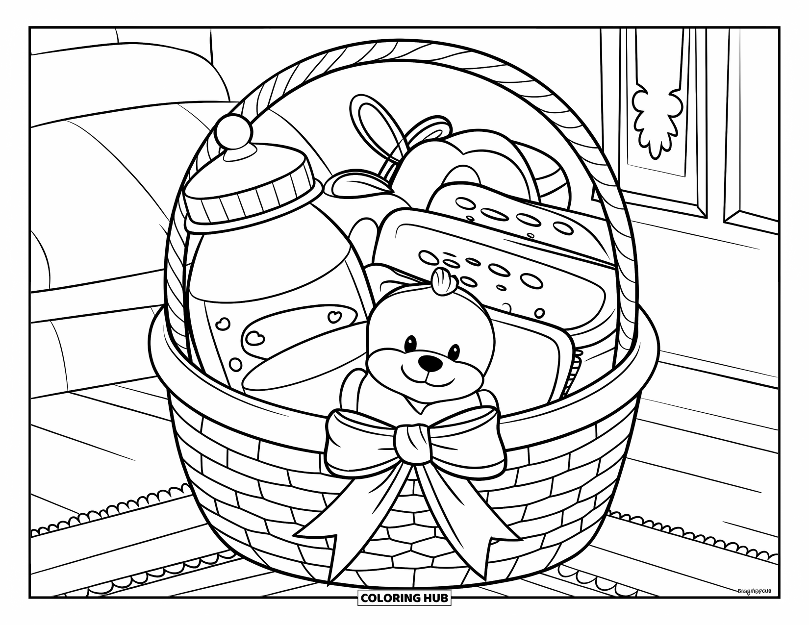Baby Shower Coloring Page for Kids: A baby basket with a bow holds diapers, a big bottle, and a soft stuffed toy