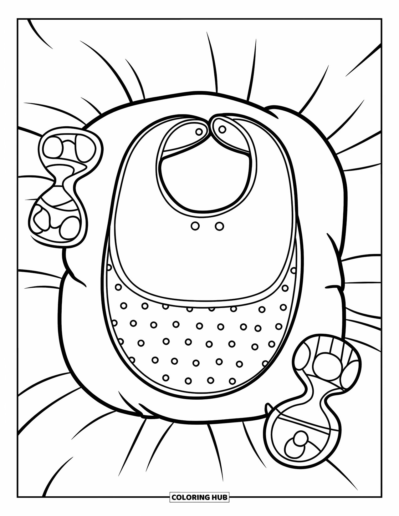 Baby Shower Coloring Page for Kids: A baby bib on a pillow is flanked by rattles in a simple, fun layout