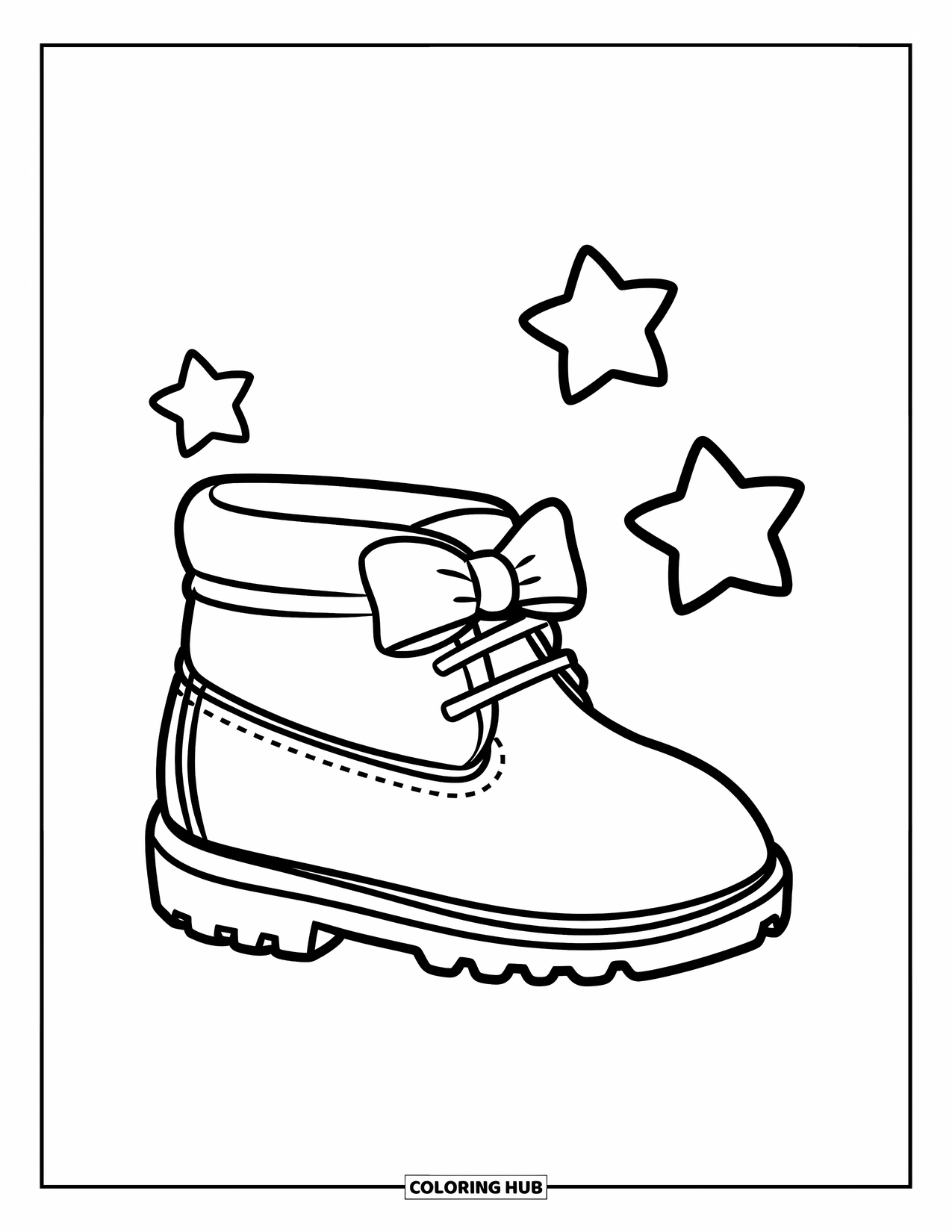 Baby Shower Coloring Page for Kids: A baby bootie with a bow rests beside three floating stars in a cheerful scene