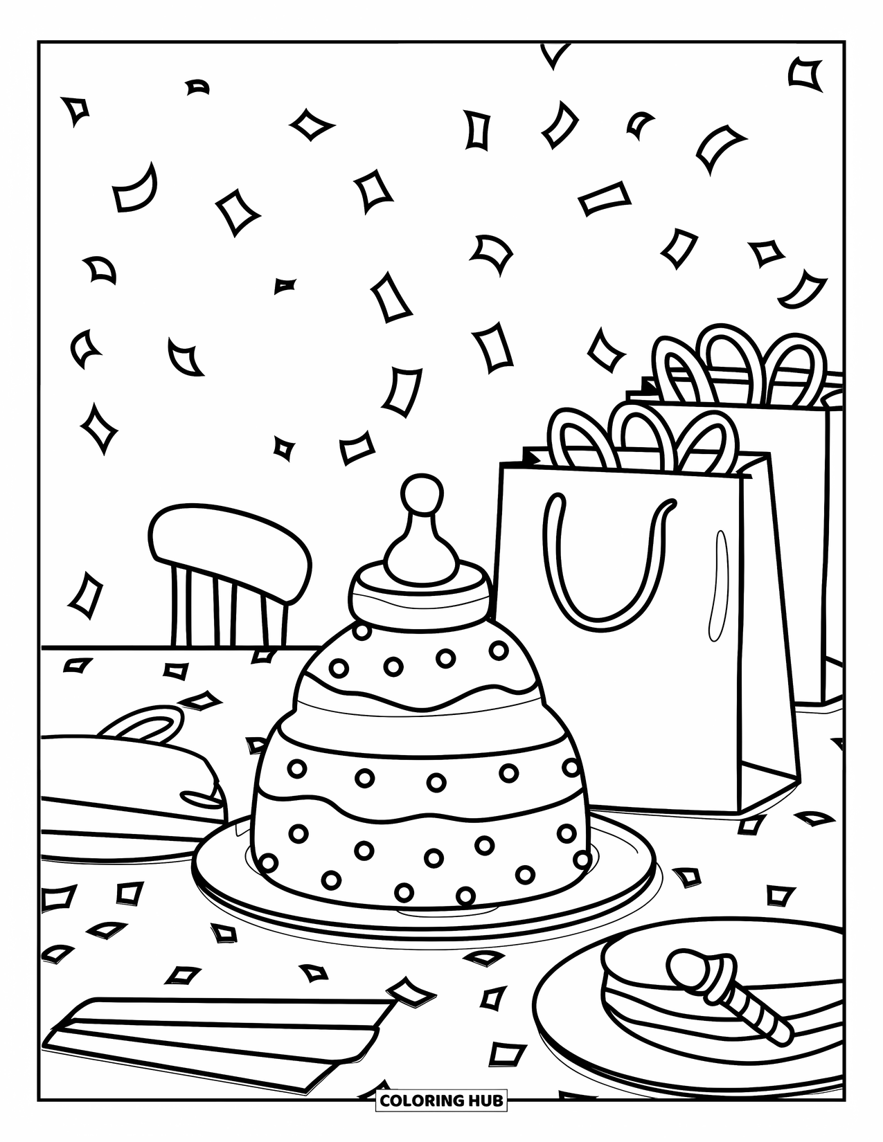 Baby Shower Coloring Page for Kids: A baby bottle cake and gift bags sit on a party table sprinkled with confetti