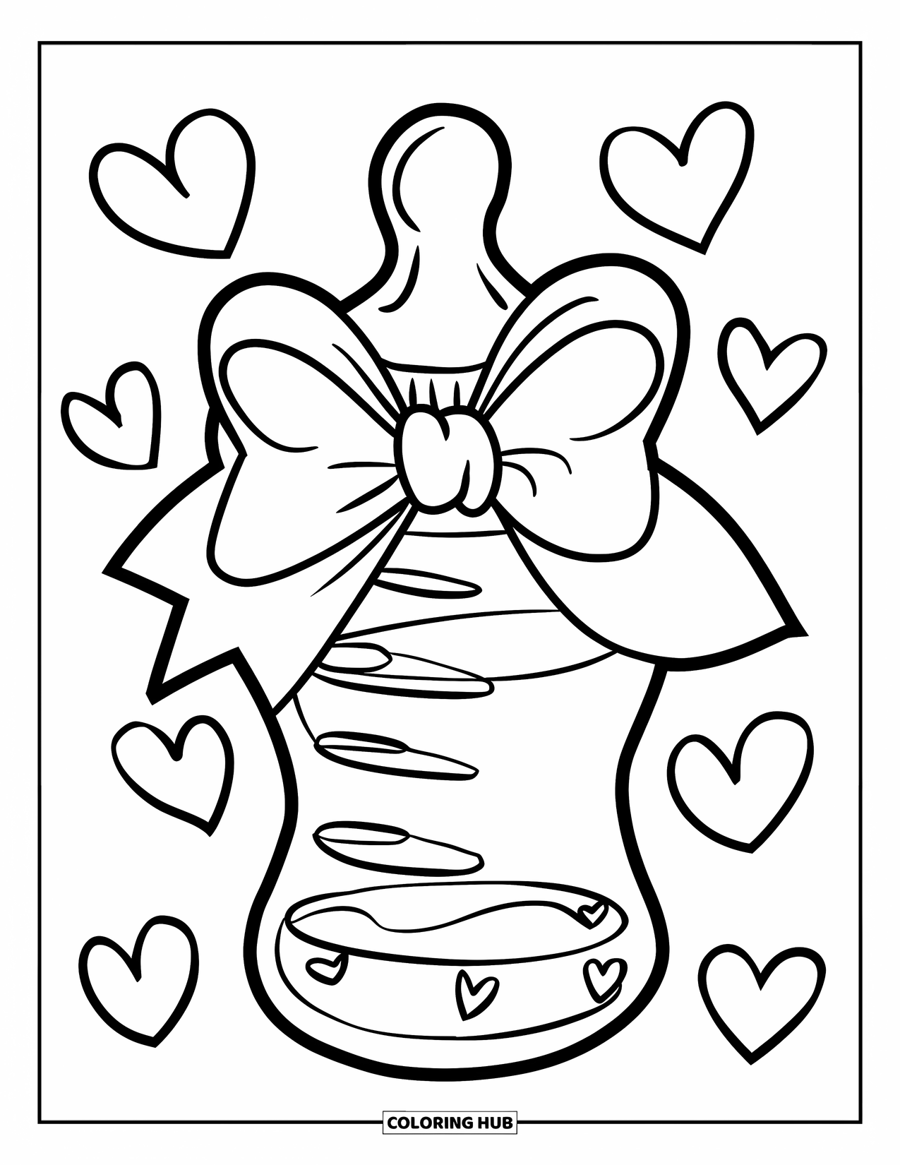 Baby Shower Coloring Page for Kids: A baby bottle with a big bow sits surrounded by sweet little hearts