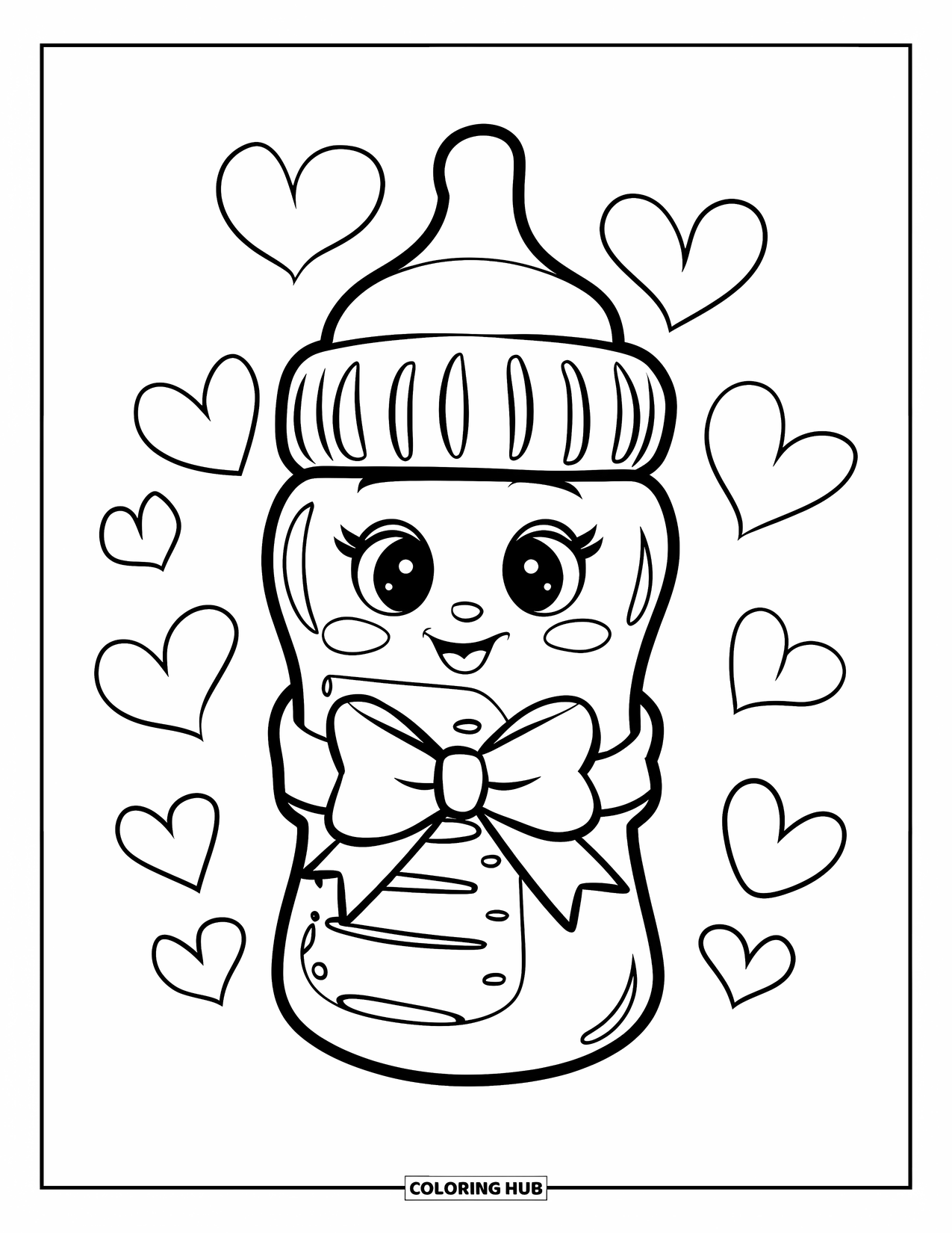 Baby Shower Coloring Page for Kids: A baby bottle with a bow rests in a playful setup with floating hearts