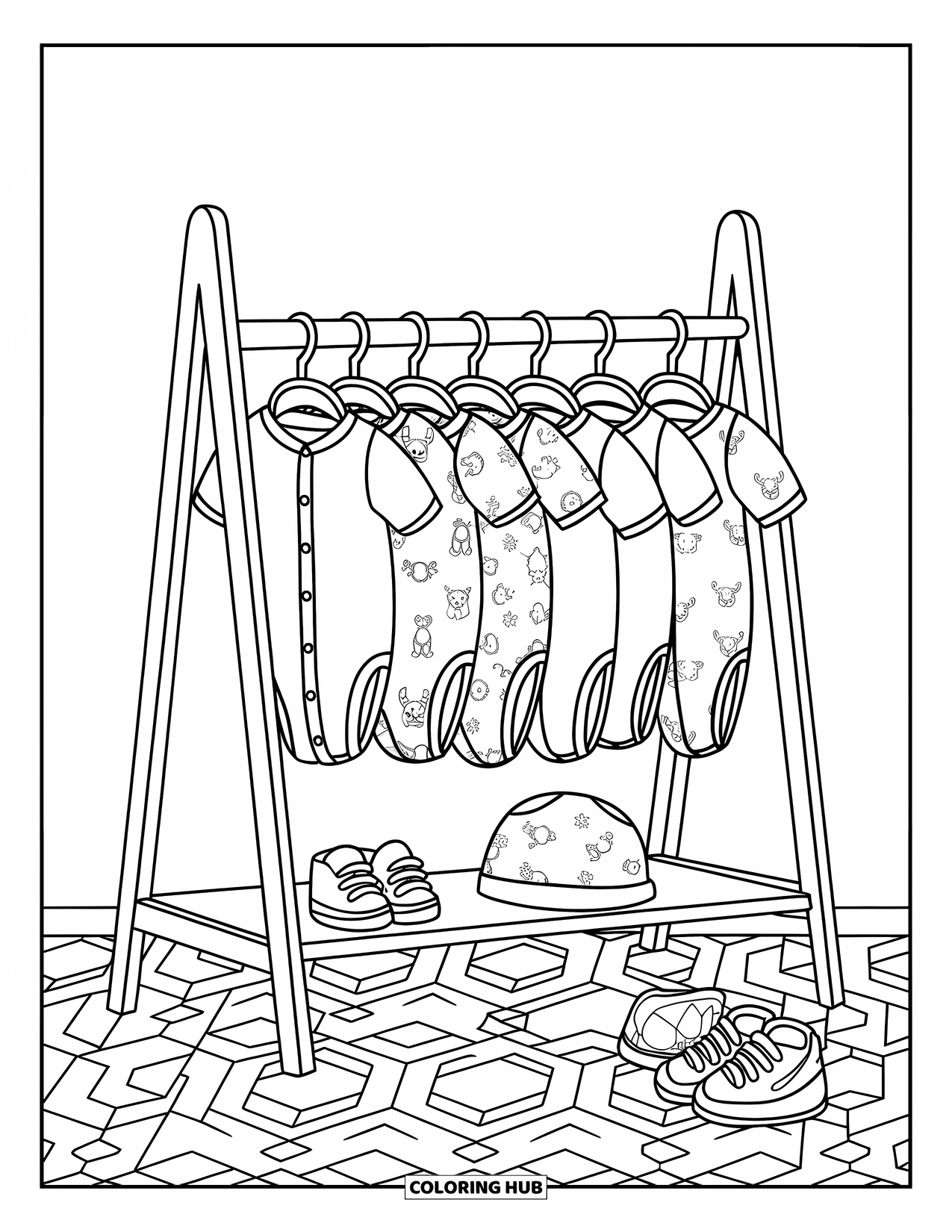 Baby Shower Coloring Page for Kids: A baby clothing rack holds cute onesies with animal prints, shoes, and a tiny hat