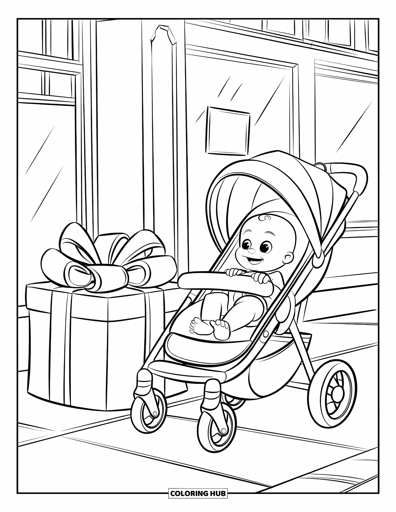 Baby Shower Coloring Page for Kids: A baby in a stroller is near a bow, a gift, and a sidewalk building