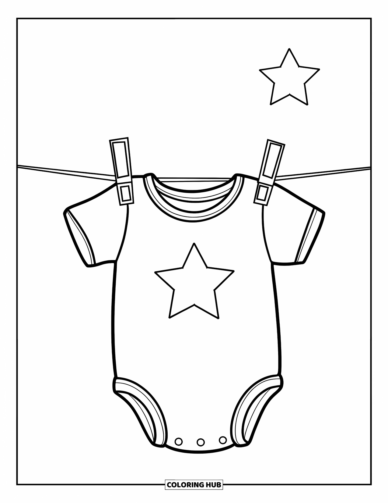 Baby Shower Coloring Page for Kids: A baby onesie hangs from a line with a star shining above