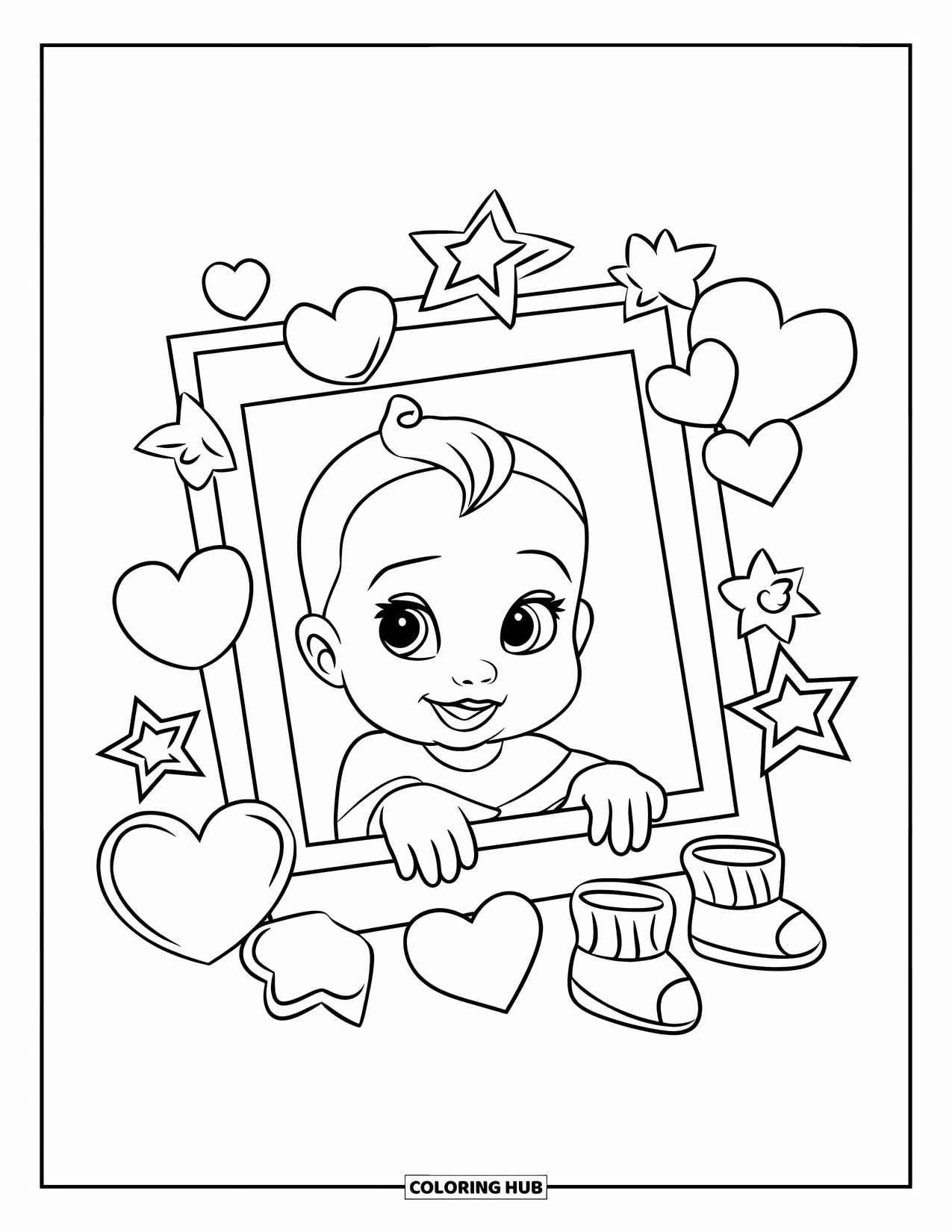 Baby Shower Coloring Page for Kids: A baby photo frame is decorated with hearts, stars, and tiny booties in a sweet design