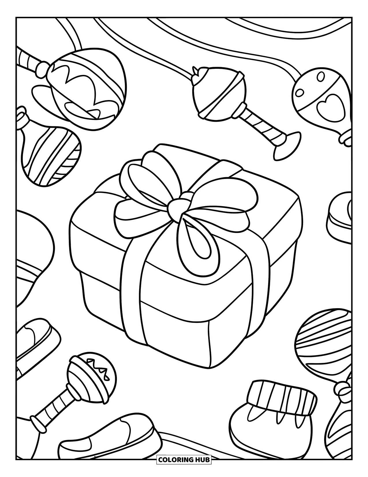 Baby Shower Coloring Page for Kids: A baby present is surrounded by rattles and booties in a cute, detailed setup