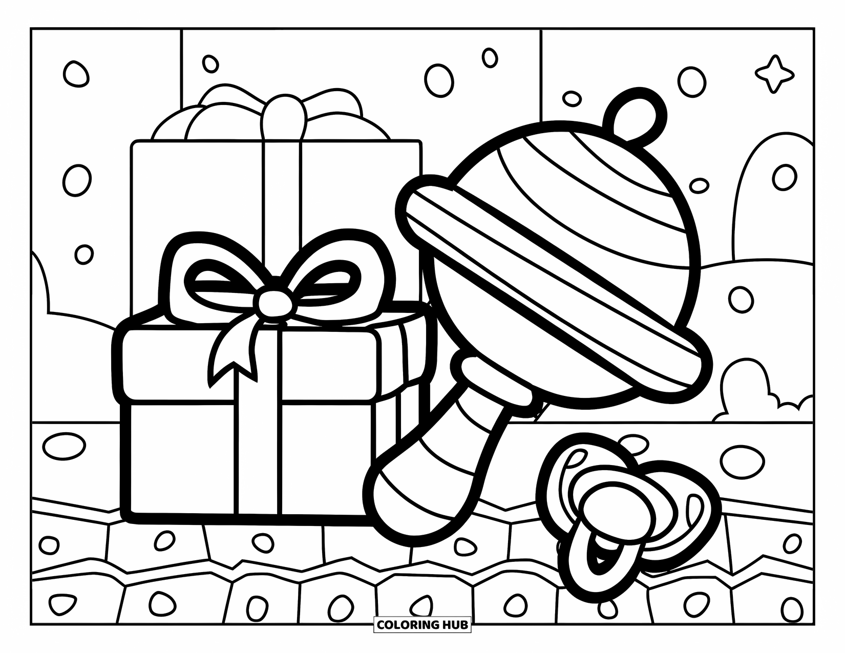 Baby Shower Coloring Page for Kids: A baby rattle, a gift, and a pacifier sit together in a sweet little setup