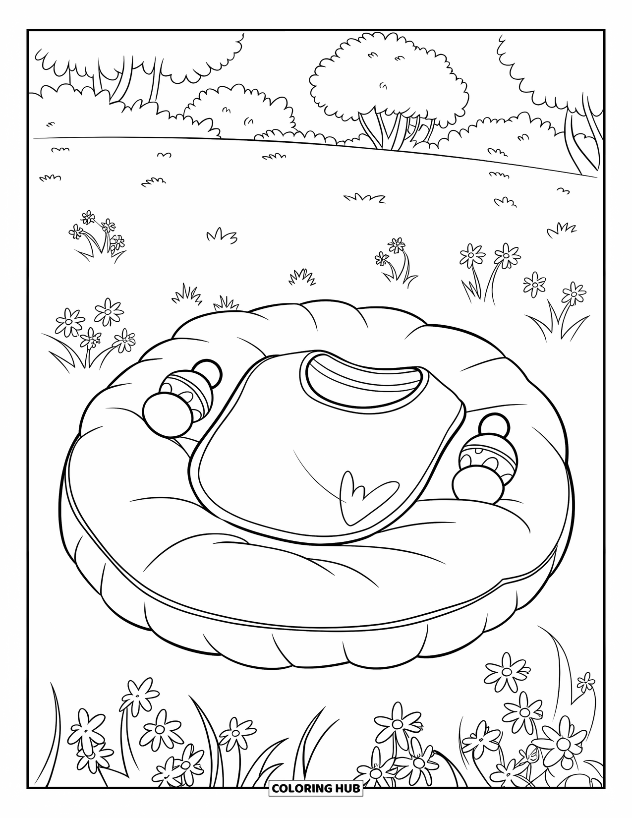 Baby Shower Coloring Page for Kids: A bib and rattles sit on a soft pillow in a flower-filled field