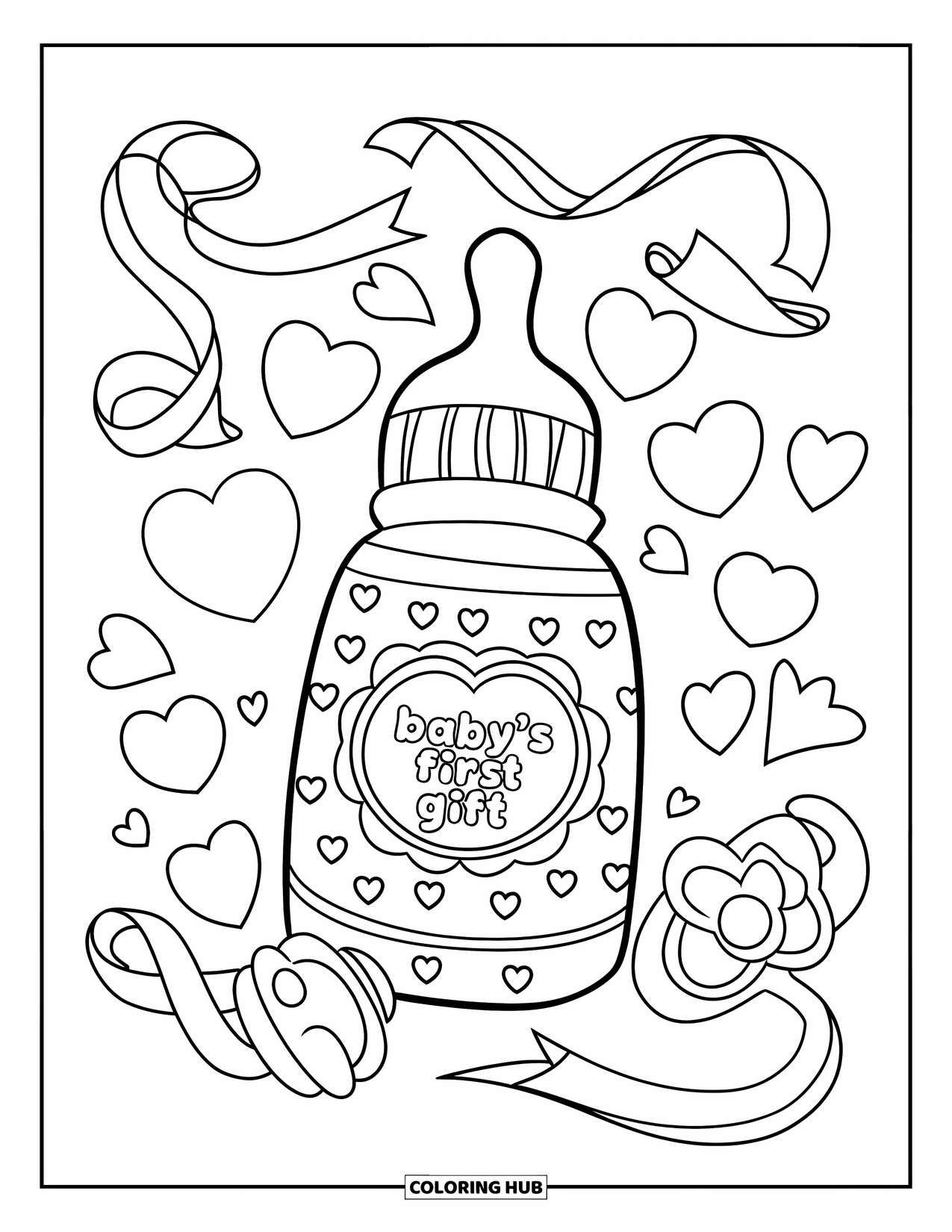 Baby Shower Coloring Page for Kids: A bottle labeled "Baby's First Gift" is surrounded by hearts, ribbons, and a pacifier