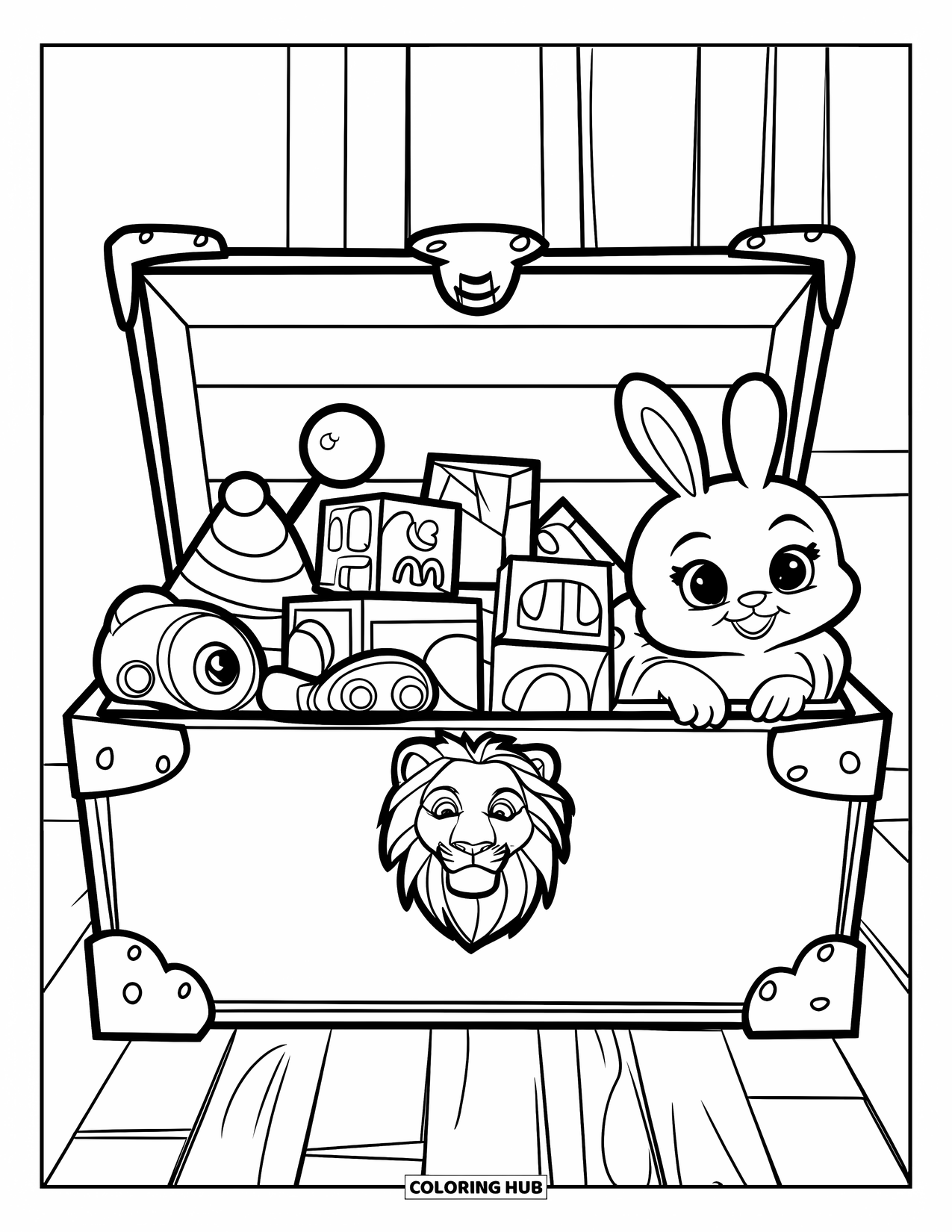Baby Shower Coloring Page for Kids: A carved lion handle decorates a toy chest brimming with toys on a wooden floor