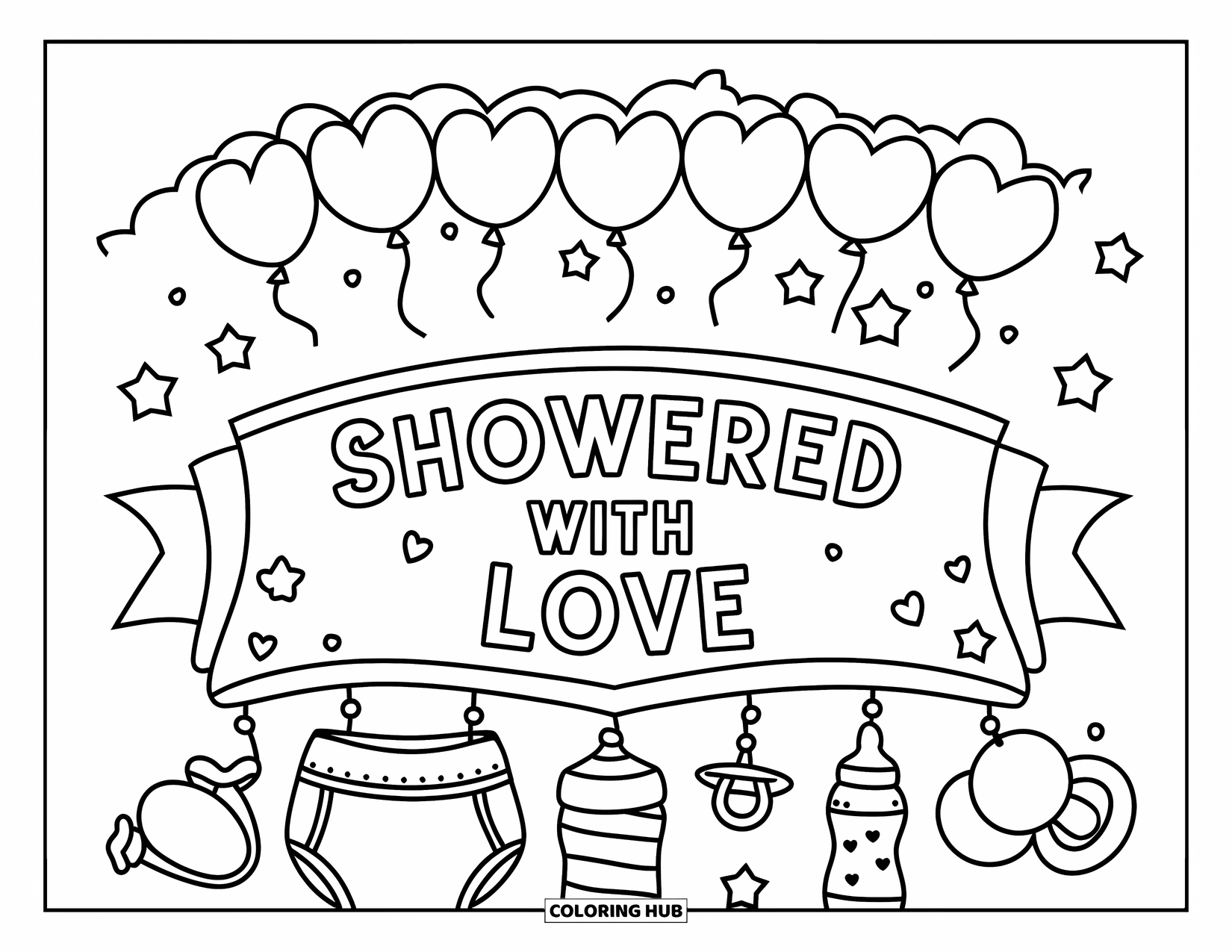 Baby Shower Coloring Page for Kids: A cheerful banner with baby items and a balloon arch fills this playful design