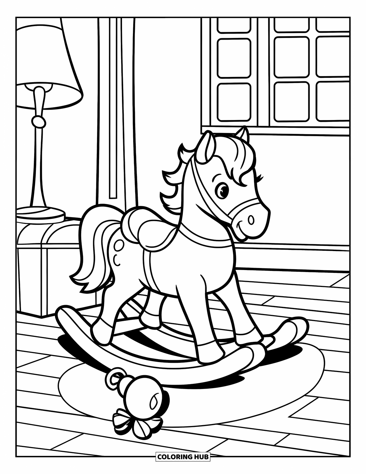 Baby Shower Coloring Page for Kids: A cheerful rocking horse sits in a room with a lamp, window, and toy chest