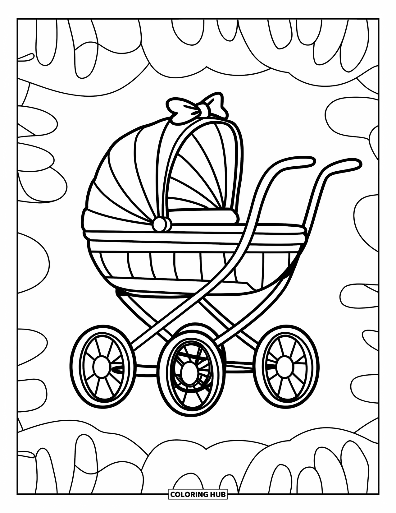 Baby Shower Coloring Page for Kids: A cheerful stroller with a bow and big wheels invites little adventures