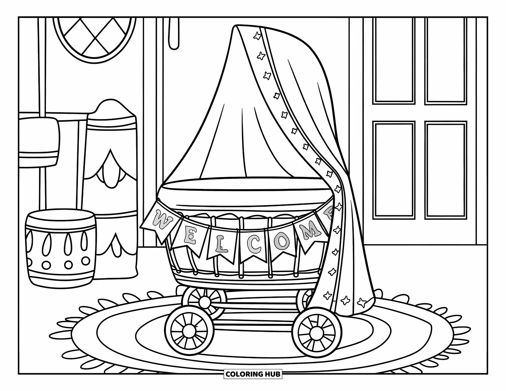 Baby Shower Coloring Page for Kids: A cozy bassinet with a "Welcome" sign sits in a decorated room with a rug