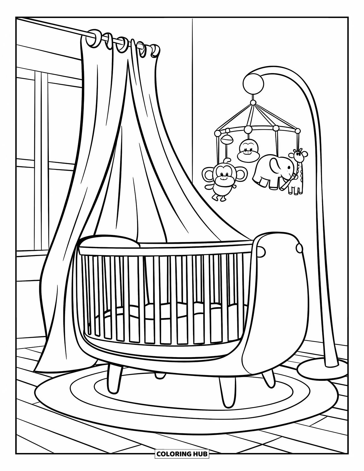 Baby Shower Coloring Page for Kids: A cozy crib and animal mobile sit near a window in a warm baby room