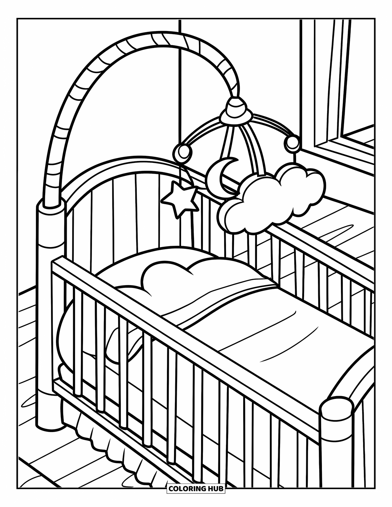 Baby Shower Coloring Page for Kids: A cozy crib rests under a mobile with clouds and a moon nearby