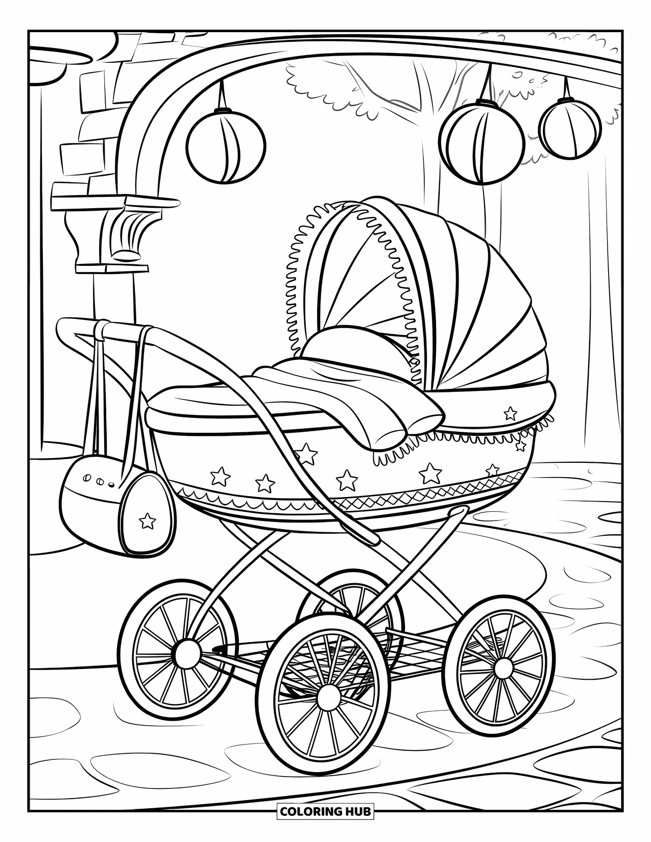 Baby Shower Coloring Page for Kids: A cozy stroller with blankets and stars rests under lanterns on a cobblestone path