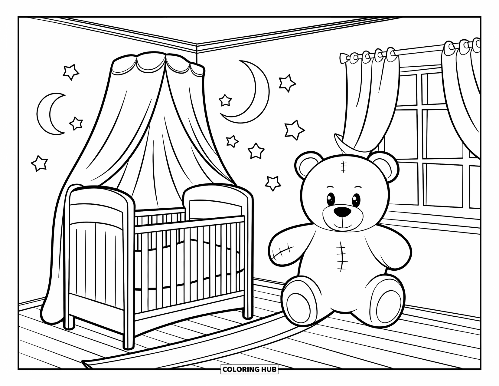 Baby Shower Coloring Page for Kids: A crib sits by the window with moons, stars, and a giant teddy nearby