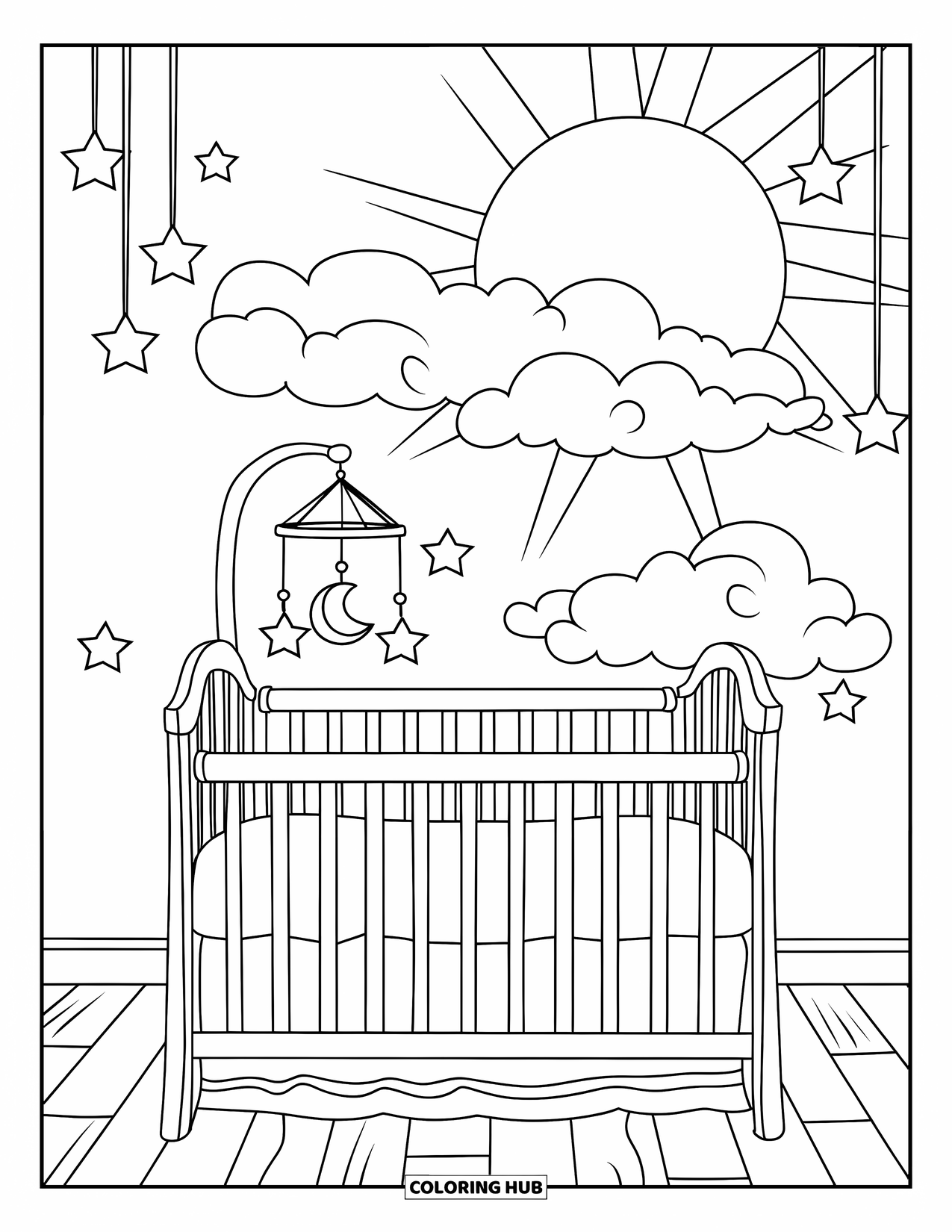 Baby Shower Coloring Page for Kids: A crib with a starry mobile sits beneath sun and cloud artwork in a calm nursery