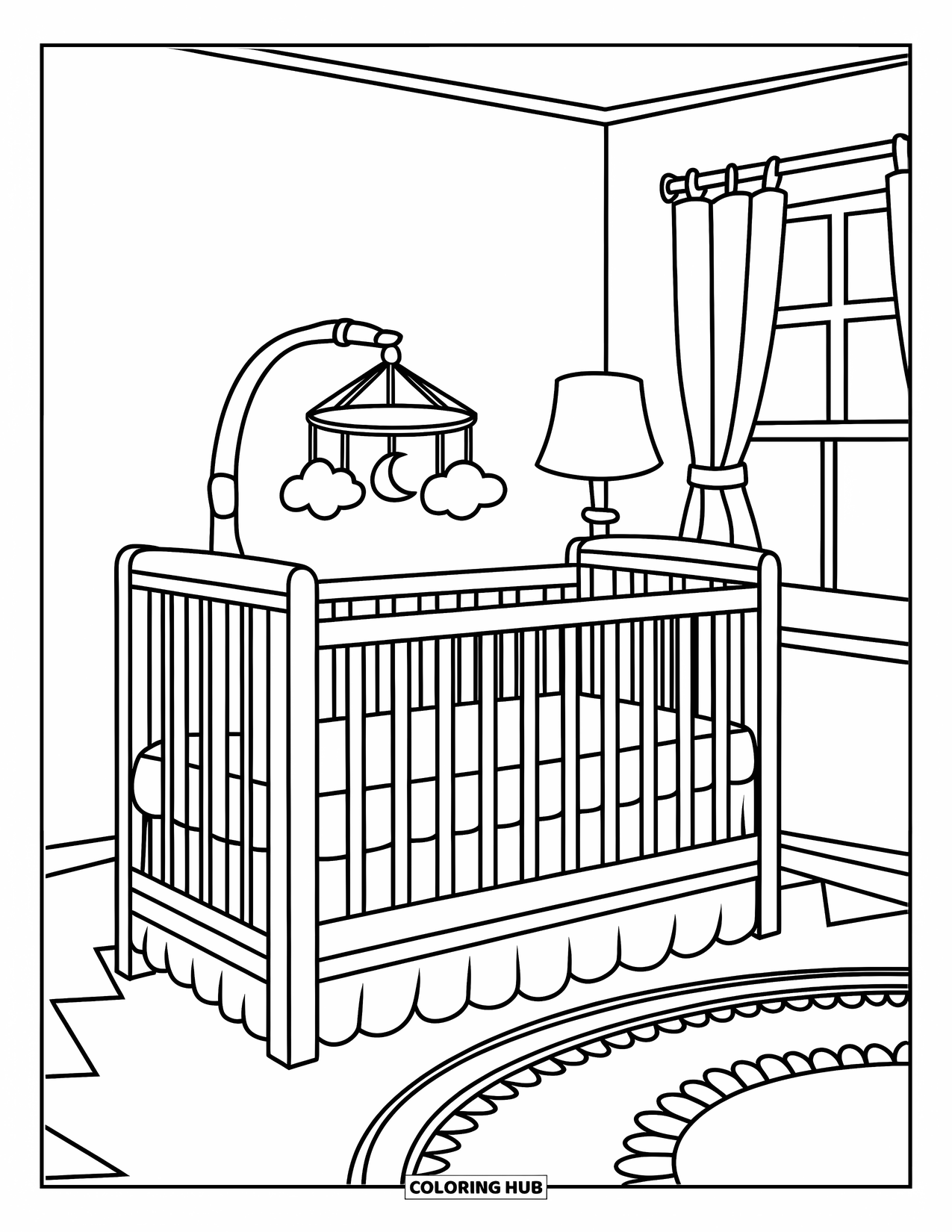Baby Shower Coloring Page for Kids: A crib with curtains and a soft rug sits beneath a cloud and moon mobile